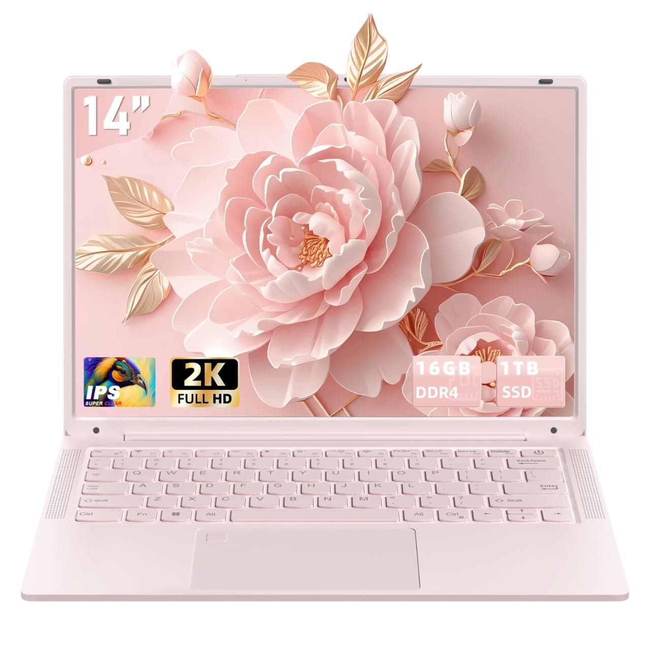14" Pink Laptop, 16GB DDR4 RAM 1TB, N150 CPU for Business Work Students | Win 11 Pro, 2K FHD IPS Screen, Fingerprint Reader, Type-C, WiFi 5, Bluetooth 5.0, 6000mAh Battery