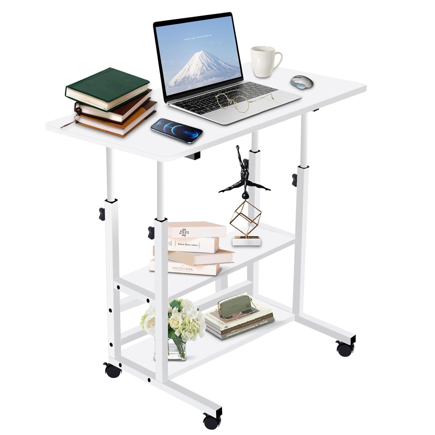 Mobile Stand Up Desk,Laptop Desks Adjustable Height, Home Office Up Table with Wheels Double Layer Storage Computer Workstations.(16"x31.5",White)
