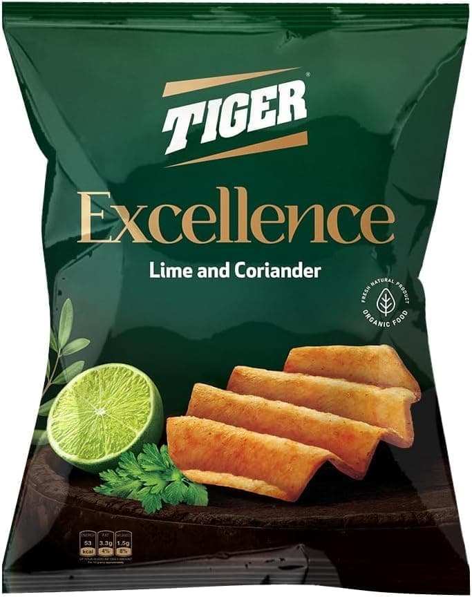 Tiger Excellence Lime & Coriander Potato Chips – Gourmet Zesty Snack – Bold Citrus Flavor Premium Halal Chips – 90g Bag
