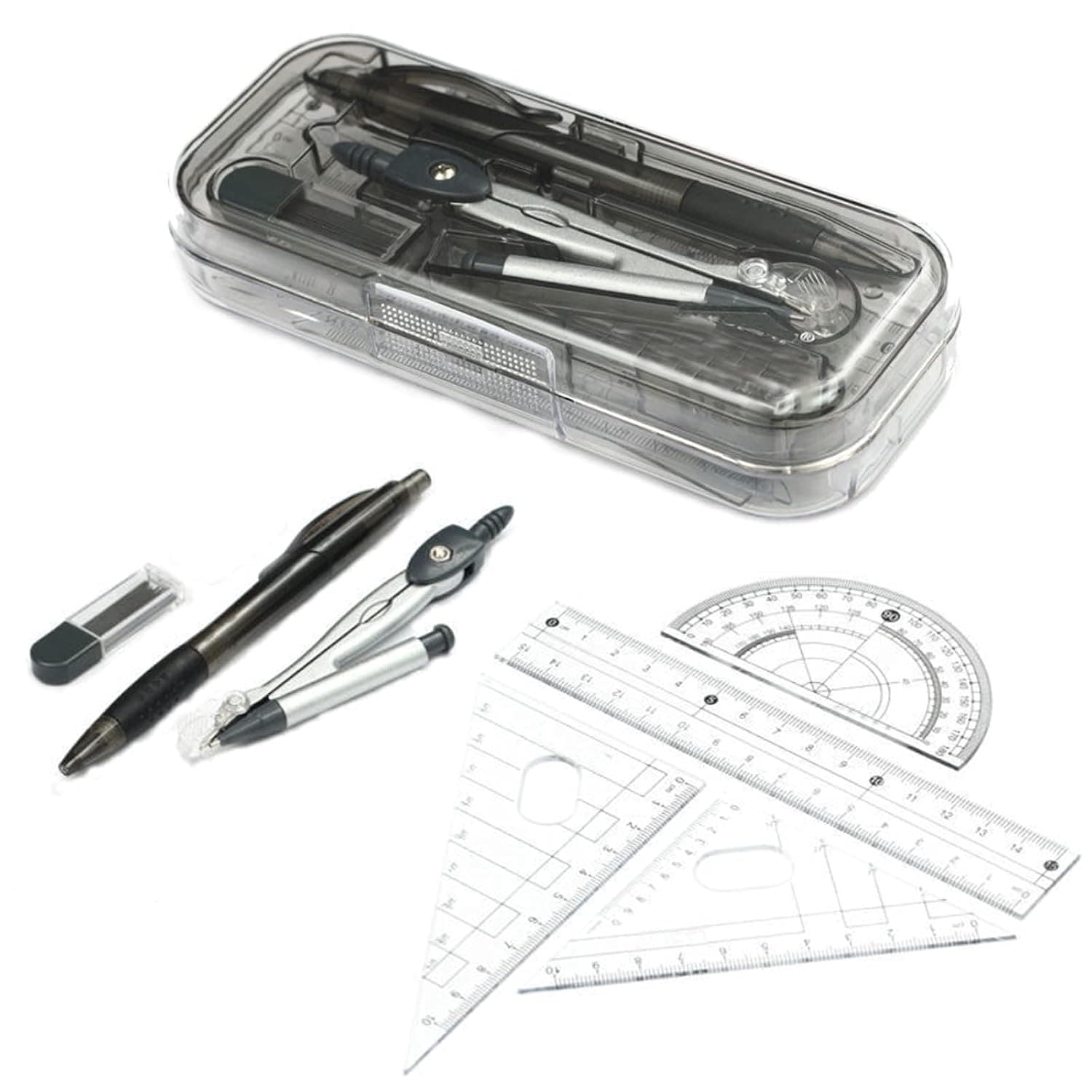 Maths Geometry Compass Set, 8 Pcs School Supplies, Educational Math Kit with Drawing Compass and Protractor, Ideal for Secondary School Students and Engineers, Black