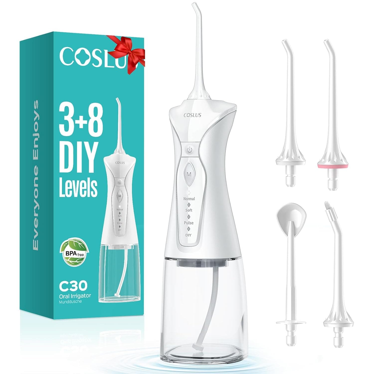 COSLUS C30 Water Flosser for Teeth Braces Gum Care, Portable Oral Irrigador | 3 Modes & 8 DIY Level for Multiple Users, Cordless for Travel, 300ML, BPA-Free, Home Use, White