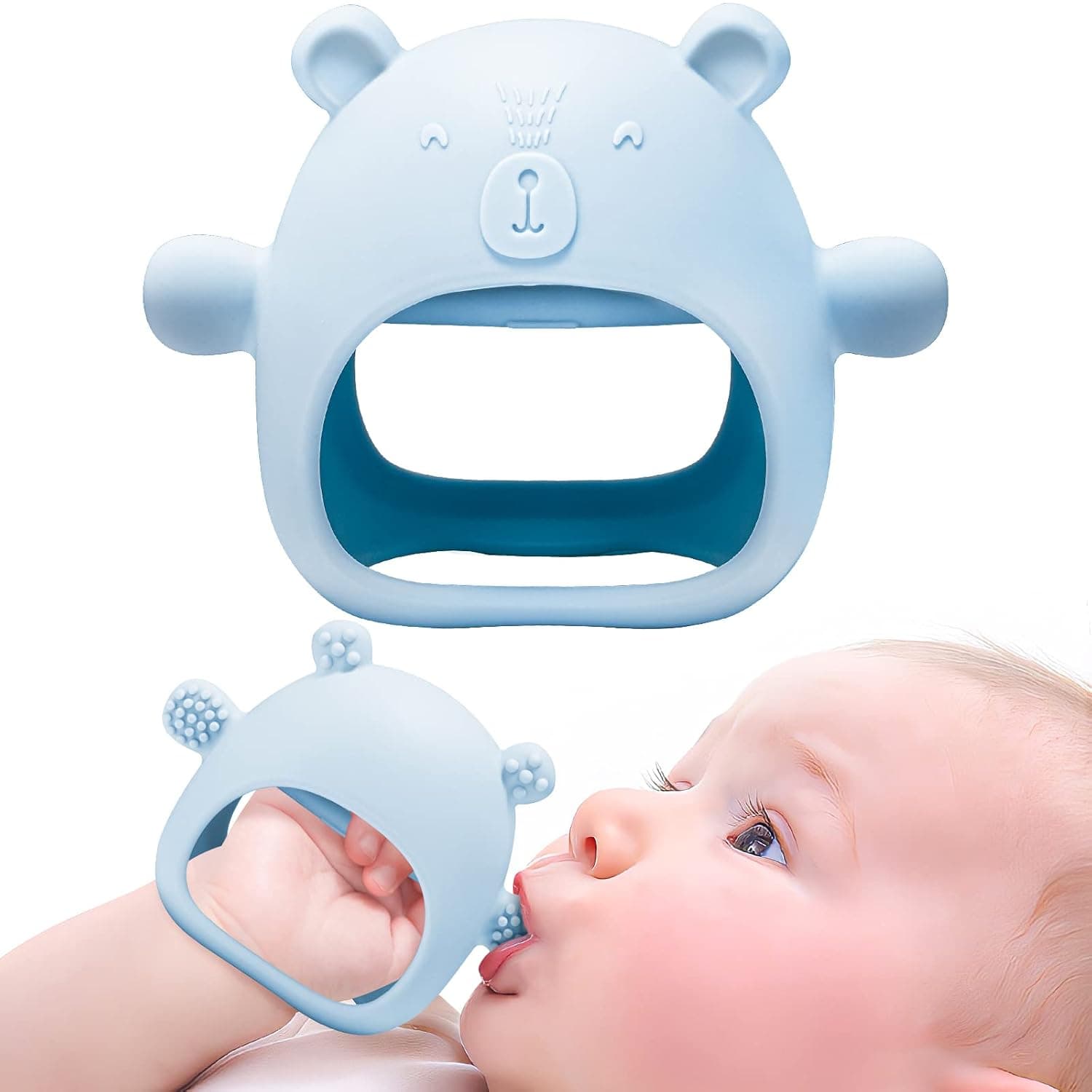 NiBaby Silicone Baby Mitten Teething Chew Toy for Babies 0-6 Months 6-12 Months, Anti-Drop Teether Glove BPA-Free for Girls and Boys Sucking Biting Needs Soothing Gums Pain Relief (Blue)
