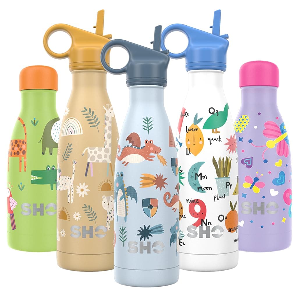 SHO Kids Water Bottle Insulated (Dragons with Straw Lid, 375ml)