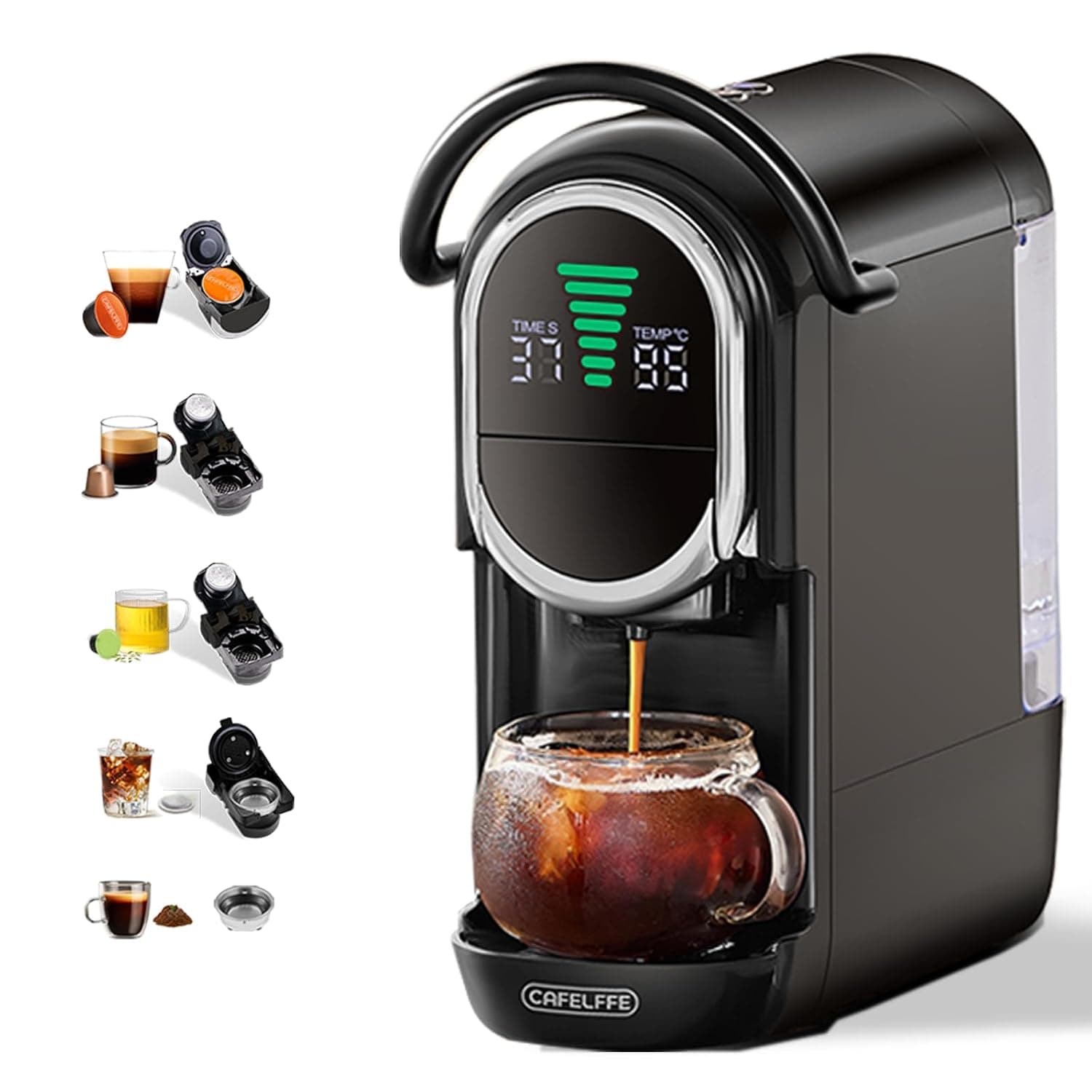 Cafelffe MK-609S 4-in-1 Capsule Pod Coffee Machine Maker with 19 Bar Pressure,7 Adjustable Water Levels, Hot/Cold Espresso Brew,Compact for Home & Office Use, Nes Original/DG/ESE/Ground Compatible