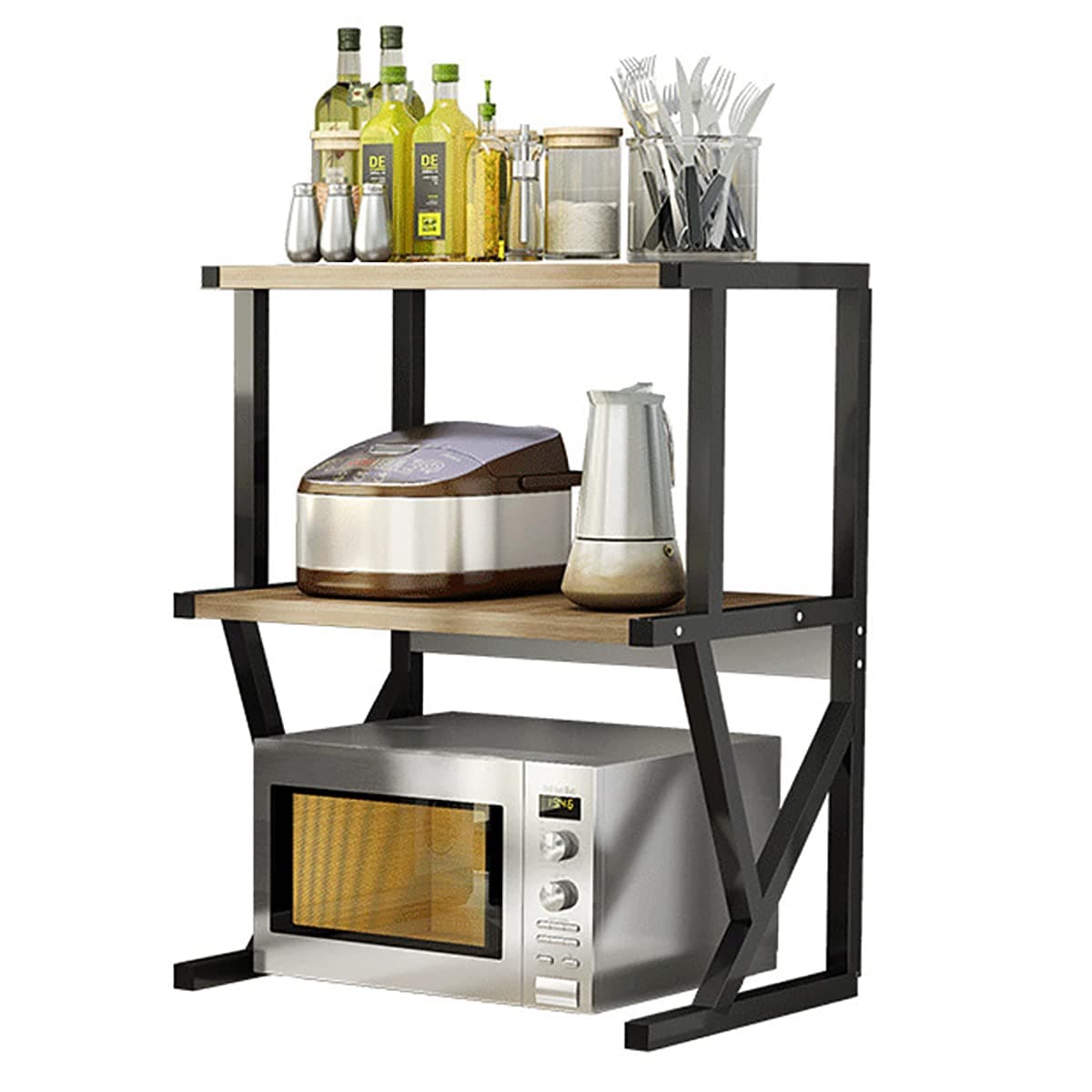 ALMEKAQUZ Microwave Stand Oven Storage Rack, Microwave Shelf Kitchen Organizer Shelf, Wood Kitchen Counter Spice Rack Desktop for Kitchens (3-Tier)