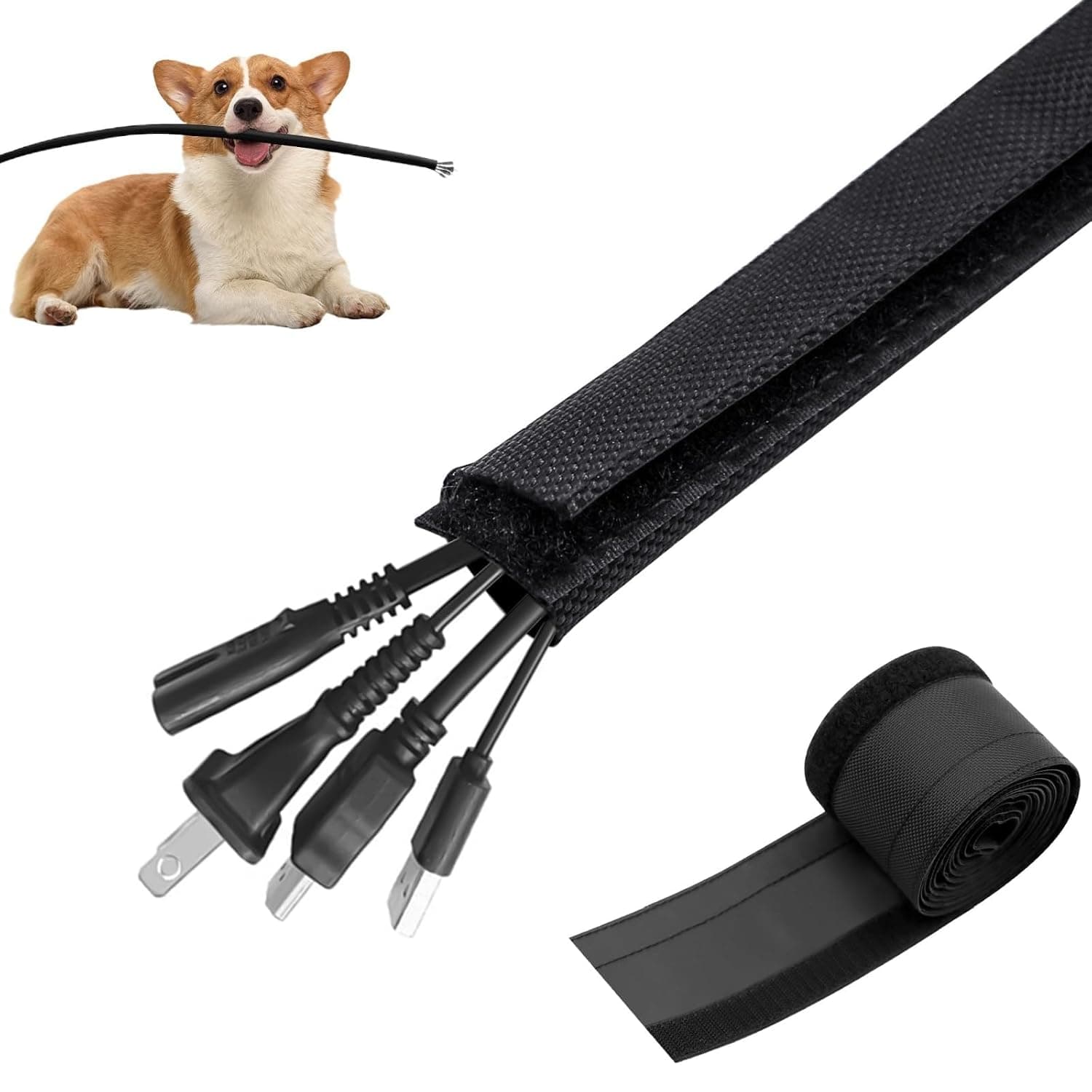 6.6ft - 5/8" Dog and Cat Cord Protectors, No Chew Cable Management Sleeve with Hook & Loop, Heavy Duty Puppy-Proof Wire Covers for Home, Office, Automotive – Black