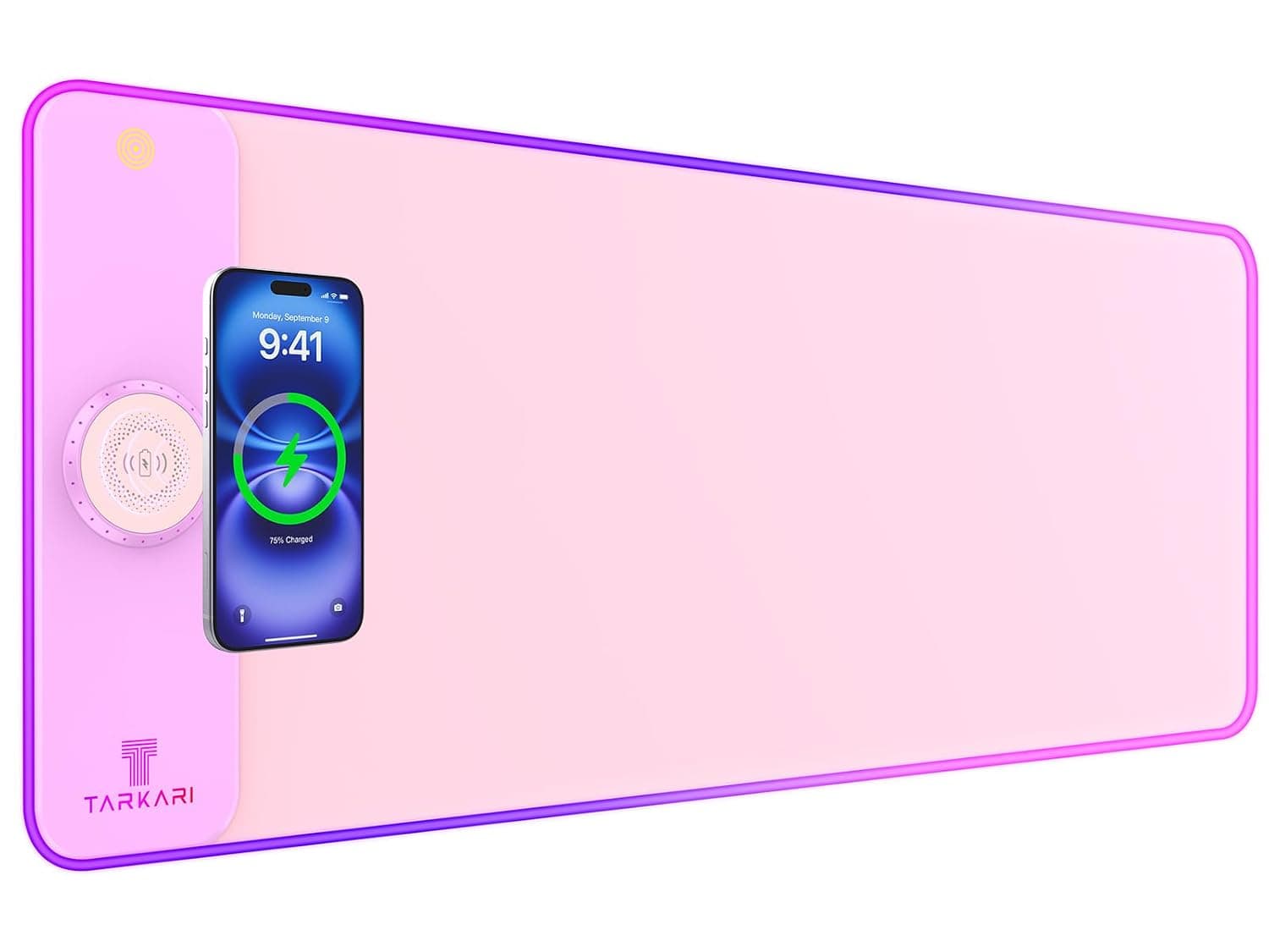 TARKARI Magnetic Wireless Charging RGB Mouse Pad, Large Gaming Desk Mat, 31.5"x15.8" Waterproof Mousepad, Ultra-Smooth Surface, Non-Slip Rubber Base, Desk Pad for Keyboard Laptop(Pink)