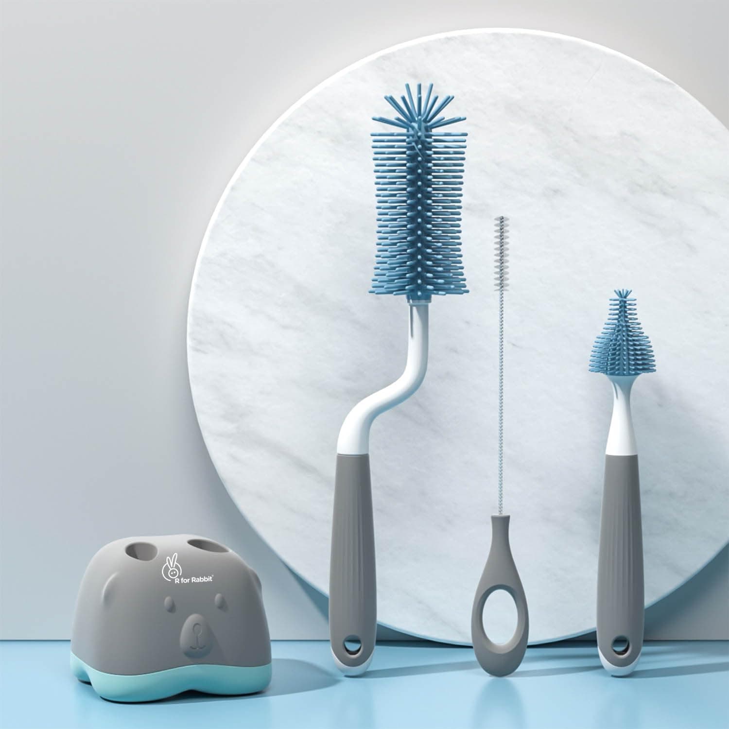 R for Rabbit Hygo Care Teddy Baby Bottles Cleaning Brushes 360° Rotatable, Feeding Bottle & Straw Cleaner Set with Anti Slip Handle, Easy to Clean Corner, BPA-Free Silicone Bristles(Grey Blue)