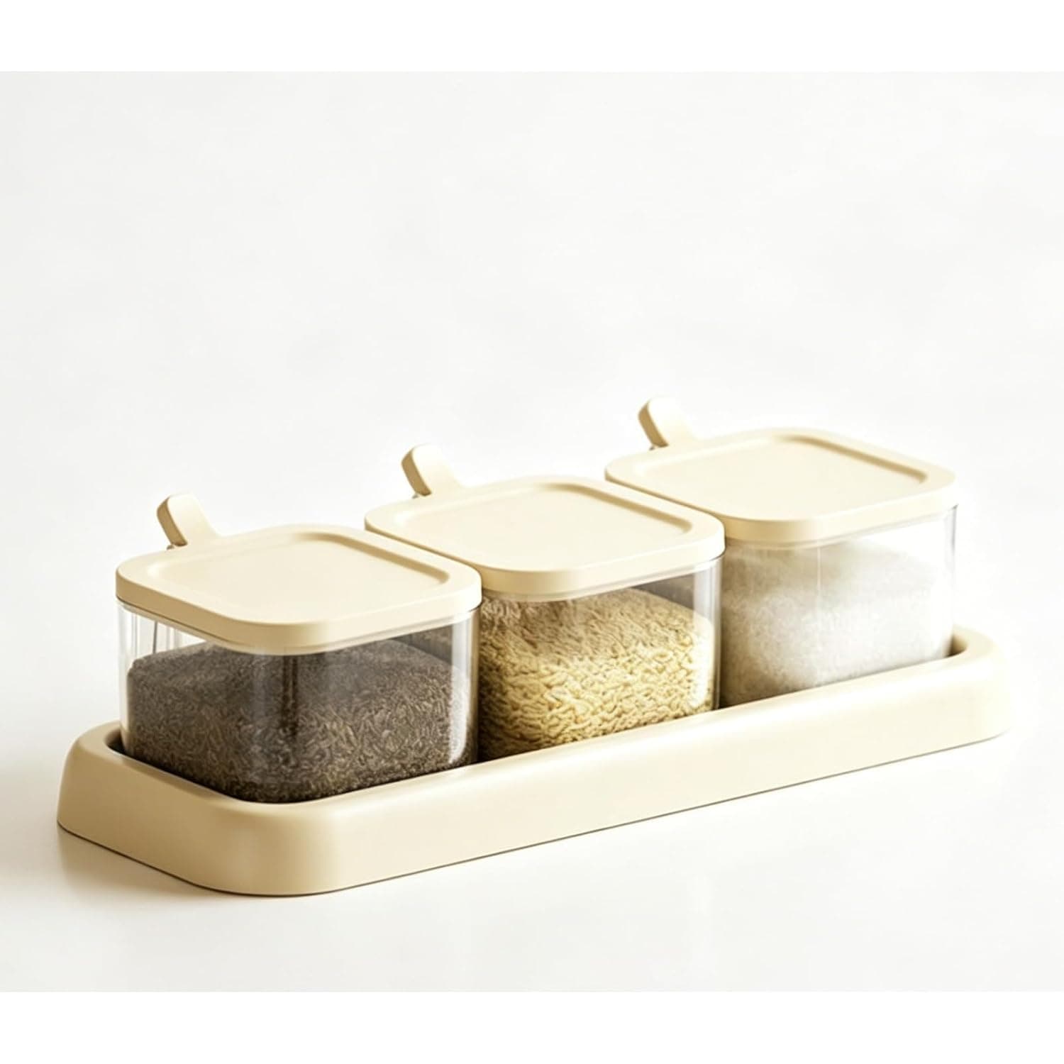 Tazweeq 3 Pack Airtight Spice Containers with Built in Spoons, Clear Seasoning Box for Salt Sugar Spice, Kitchen Storage for Toppings and Dry Goods