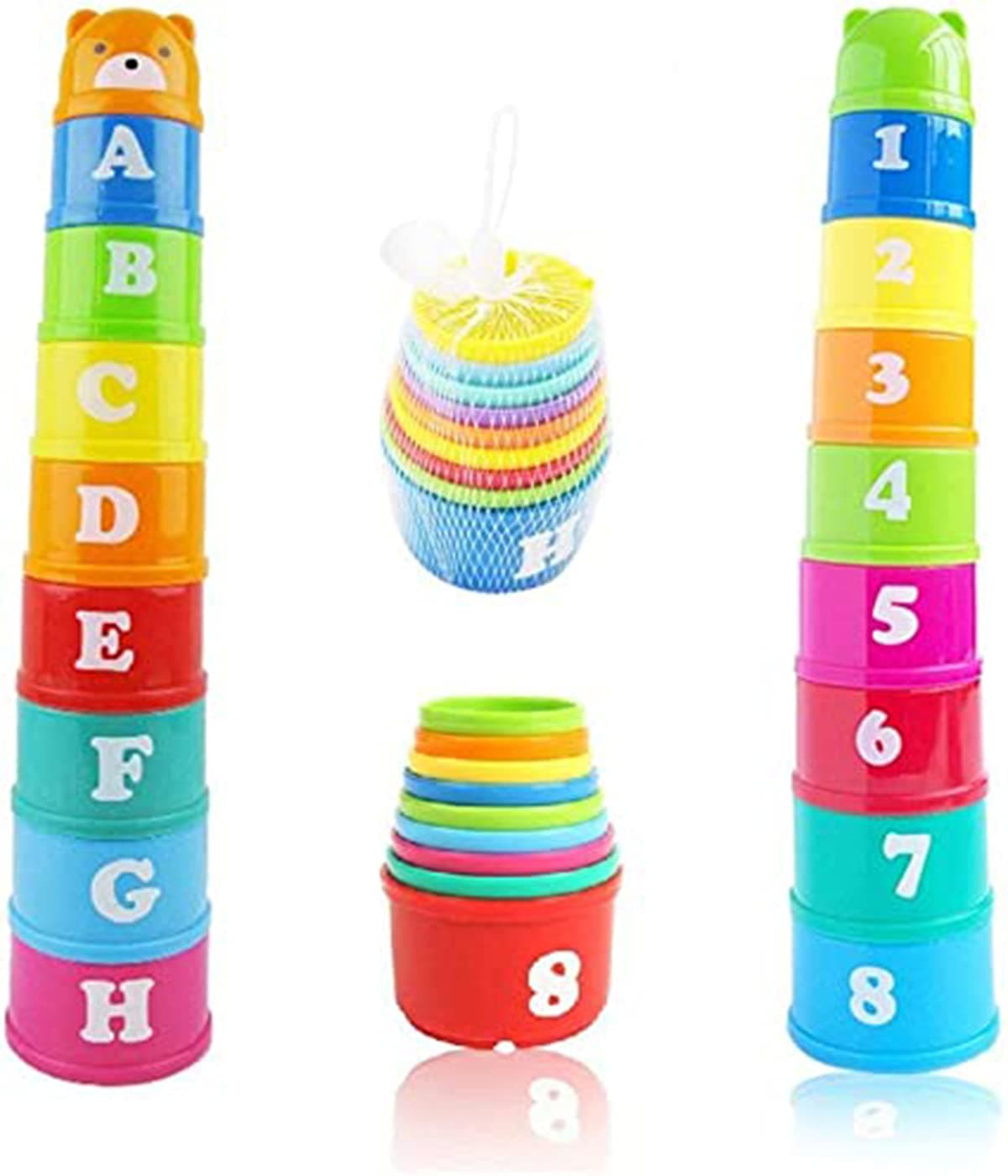 Stacking Cups, KASTWAVE 9 pieces with letters and numbers, Sound Folding Cup Toy Stacking Cups Game Toy for Baby Kids Childrens Educational Toy Bath toys