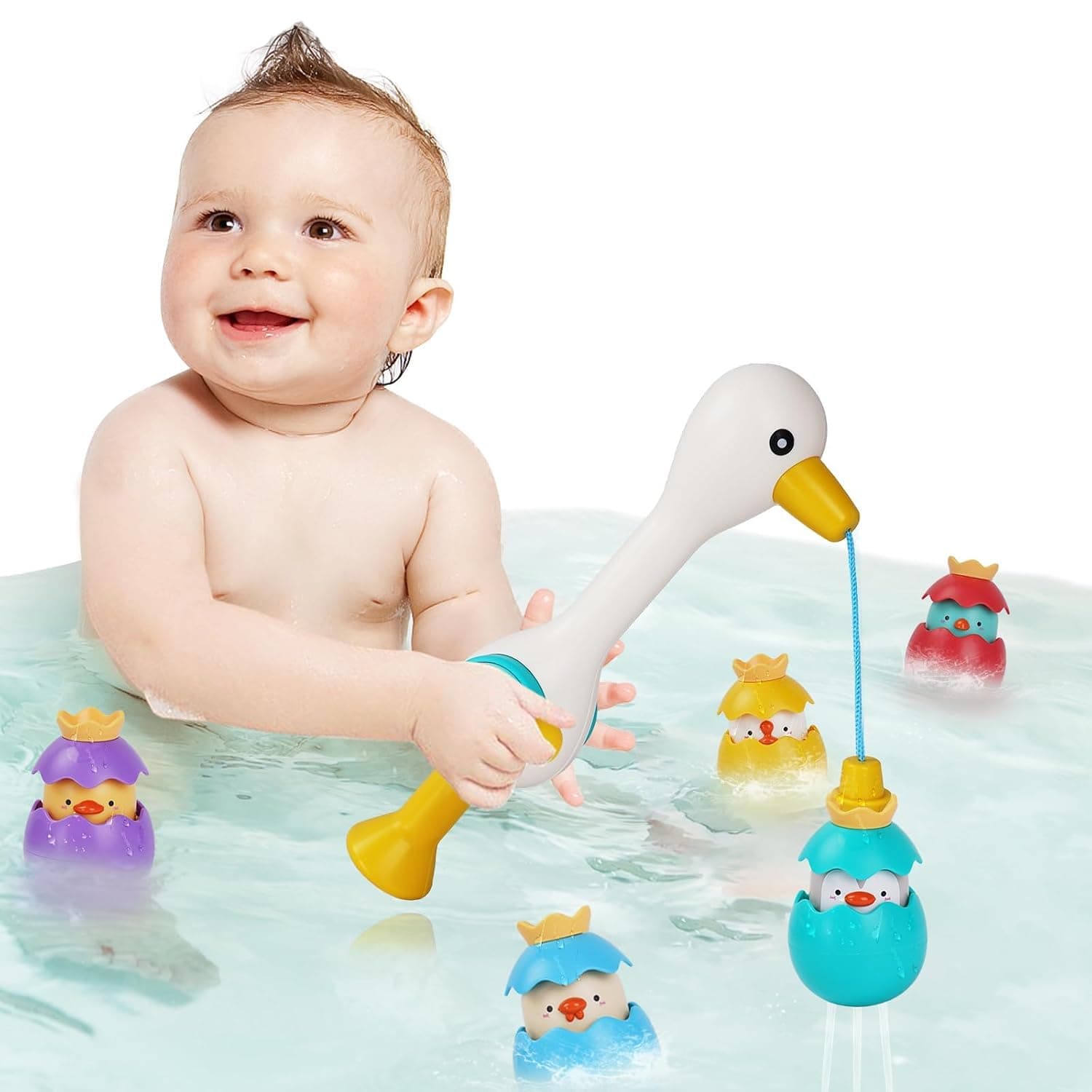 Bath Toy for Toddlers, 1-3 Bathtub Toy with Fishing Floating Squirts Toy Water Scoop Swimming Egret Bird and Stacking Cups, No Mold Fishing Game, Harmless for Infants for Boys Grils(6 Pack)