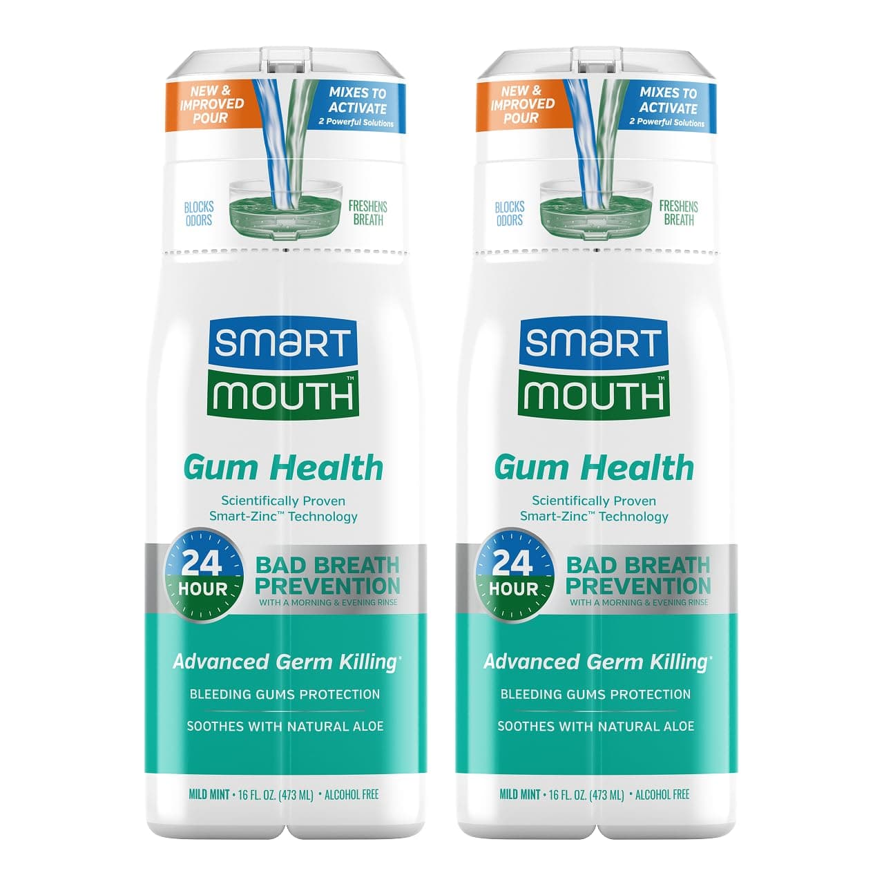 SmartMouth Gum Health Zinc Activated Mouthwash, 16 fl oz, 2-Pack | Bleeding Gums Protection and Bad Breath Prevention with Soothing Aloe, Non-Burning, Sugar and Alcohol-Free
