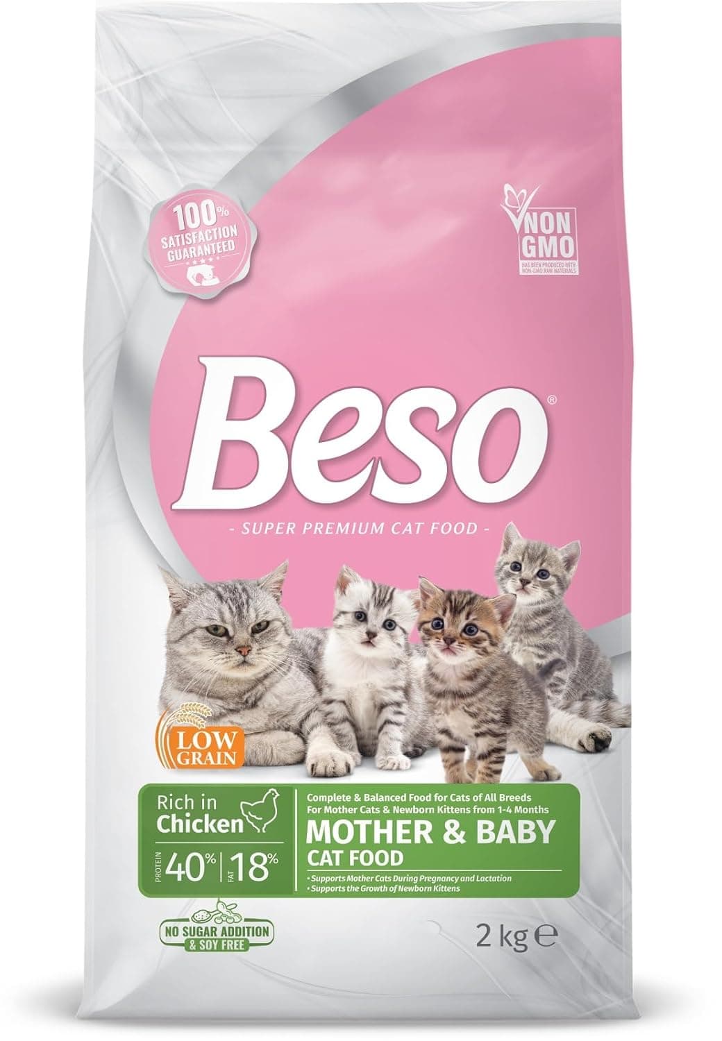 Beso Cat Food, Chicken Flavor, 2 kg, Mother & Baby Formula, Dry Kibble, For Pregnant Cats & Kittens 1-4 Months, With Omega-3 & Omega-6
