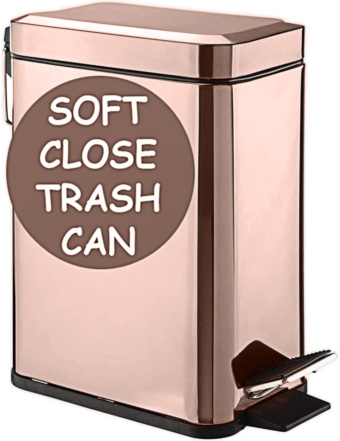 Homie Soft Close, Rectangular Trash Can 5L with Anti - Bag Slip Liner and Lid, Use as Mini Garbage Basket, Slim Dust Bin, or Decor in Bathroom, Restroom, Kitchen, or Bedroom (Rose Gold)