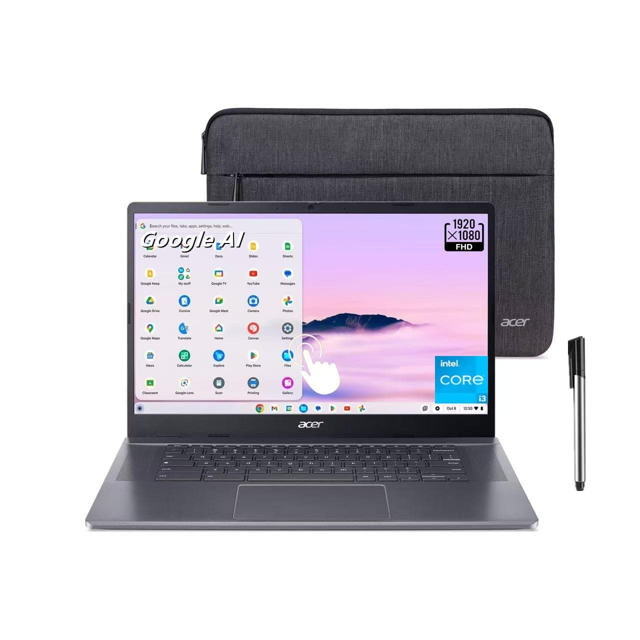 Acer Chromebook Plus 515, 15.6" FHD (1920 x 1080) LCD Touch Display Laptop, Intel i3-1305U, 8GB LPDDR5X, 256GB SSD, Backlit KB, Chrome OS, Wi-Fi 6E, Gray, Protective Sleeve Included, TWE Accessories