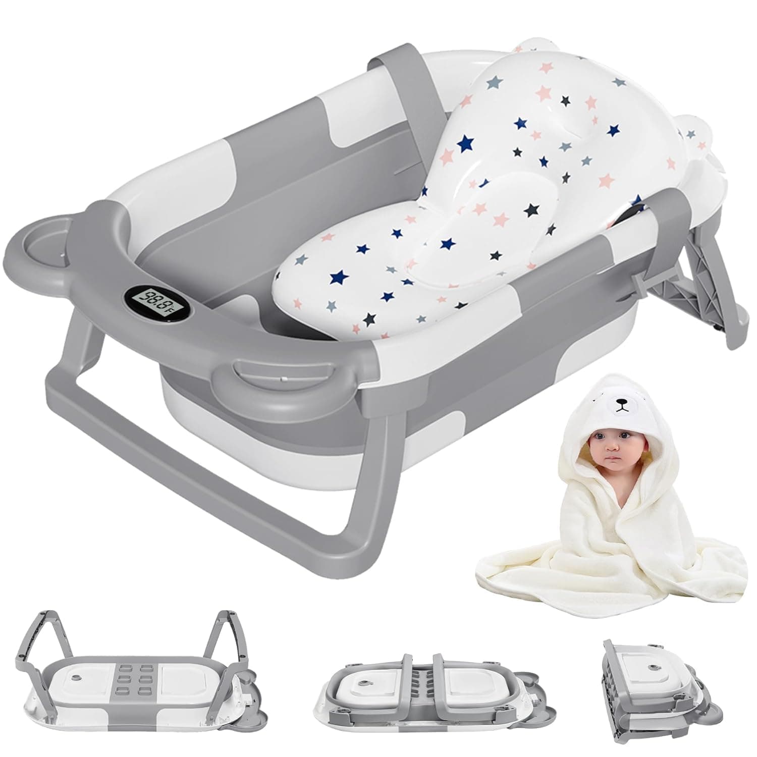 Collapsible Baby Bathtub for Newborn with Thermometer & 1 Hooded Towel & 1 Soft Floating Cushion,Portable Travel Bathtub with Drain Hole, Durable Foldable Baby Tubs for Infants to Toddler
