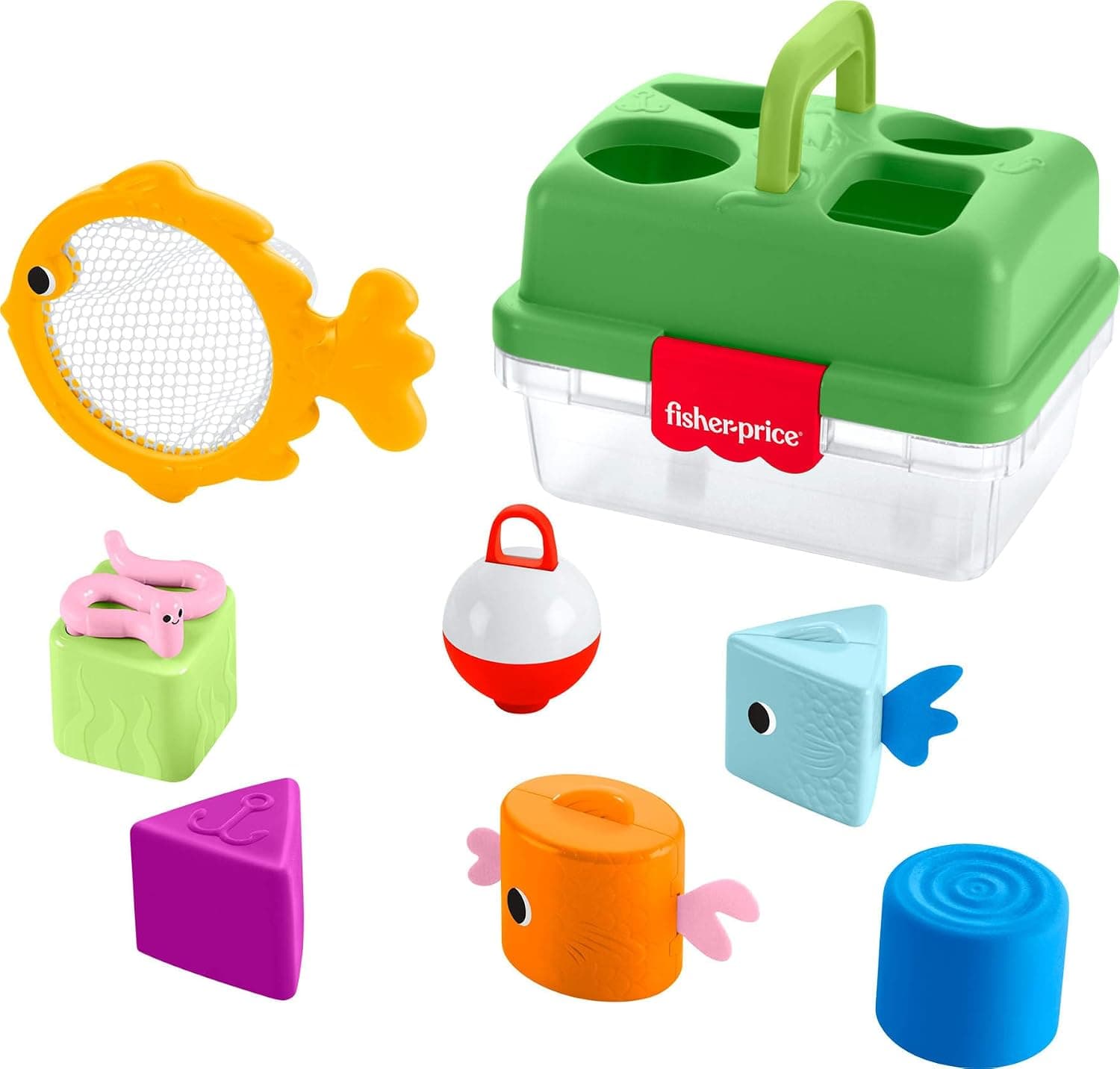 Fisher-Price Baby Toy Friendship Forest Tackle Box Shape Sorter Activity with Fishing Net & 6 Blocks for Infants Ages 6+ Months, JLB85