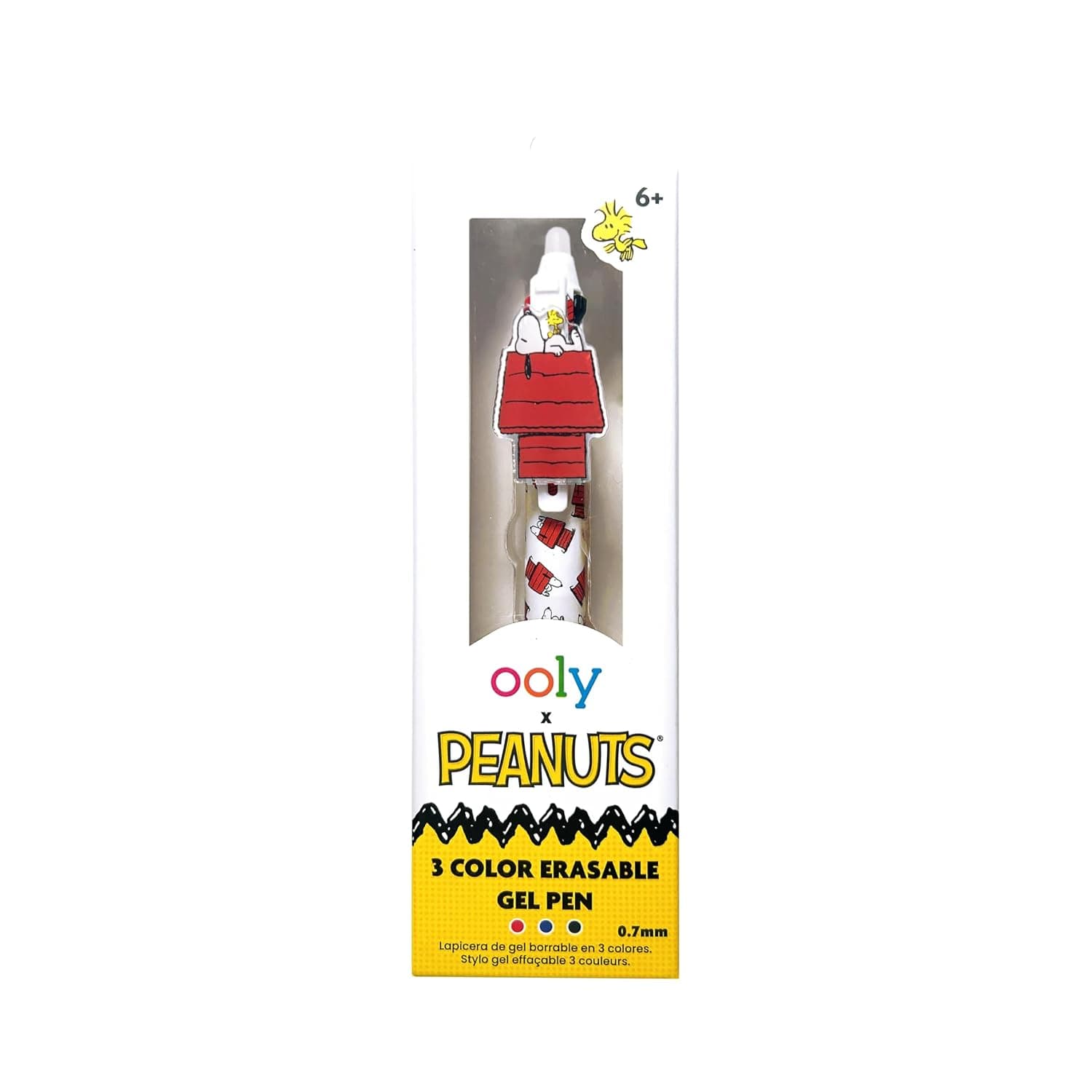 OOLY x Peanuts Officially Licensed Snoopy 3-Color Erasable Gel Pen | Ages 6+, 0.7mm, Black, Blue, and Red Ink, Cute Multicolor Erasable Pen for School, Fun Snoopy Stationery