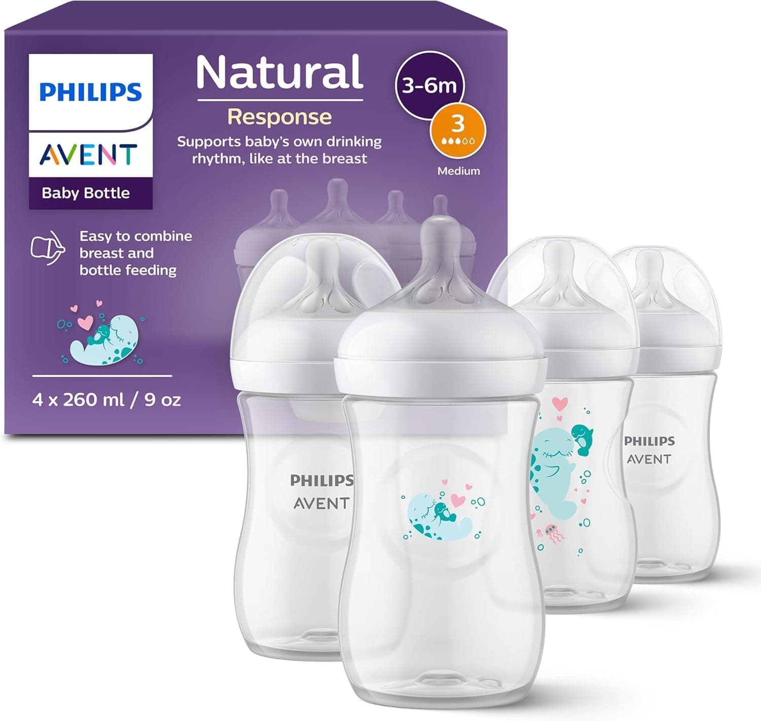 Philips Avent Natural Response Gift Set for Babies: 4 Natural Response Baby Bottles (260 ml) with T3 Teats (from 1 Month), SCY903/61