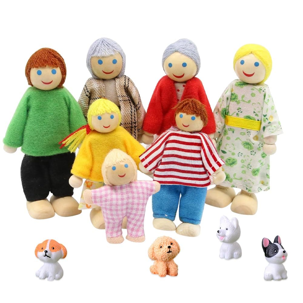mizikuu Dollhouse Doll Family Set, 7 Piece Dollhouse Figures with 4 Piece Dog Wooden Doll Family Bending Dolls Beautiful Wooden Doll Toy Dollhouse Accessory Children's Gift