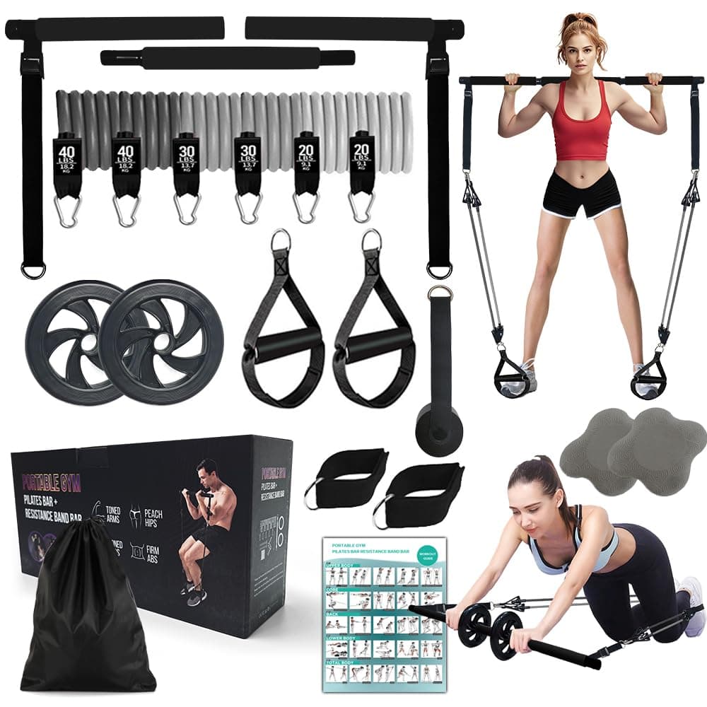 Pilates Bar Kit with 180LBS Resistance Bands(20,30,40 LB),21PCS Pilates Equipment Exercise Bar with Ab Roller, Portable Home Gym Fitness Pilates Bar for Women & Men