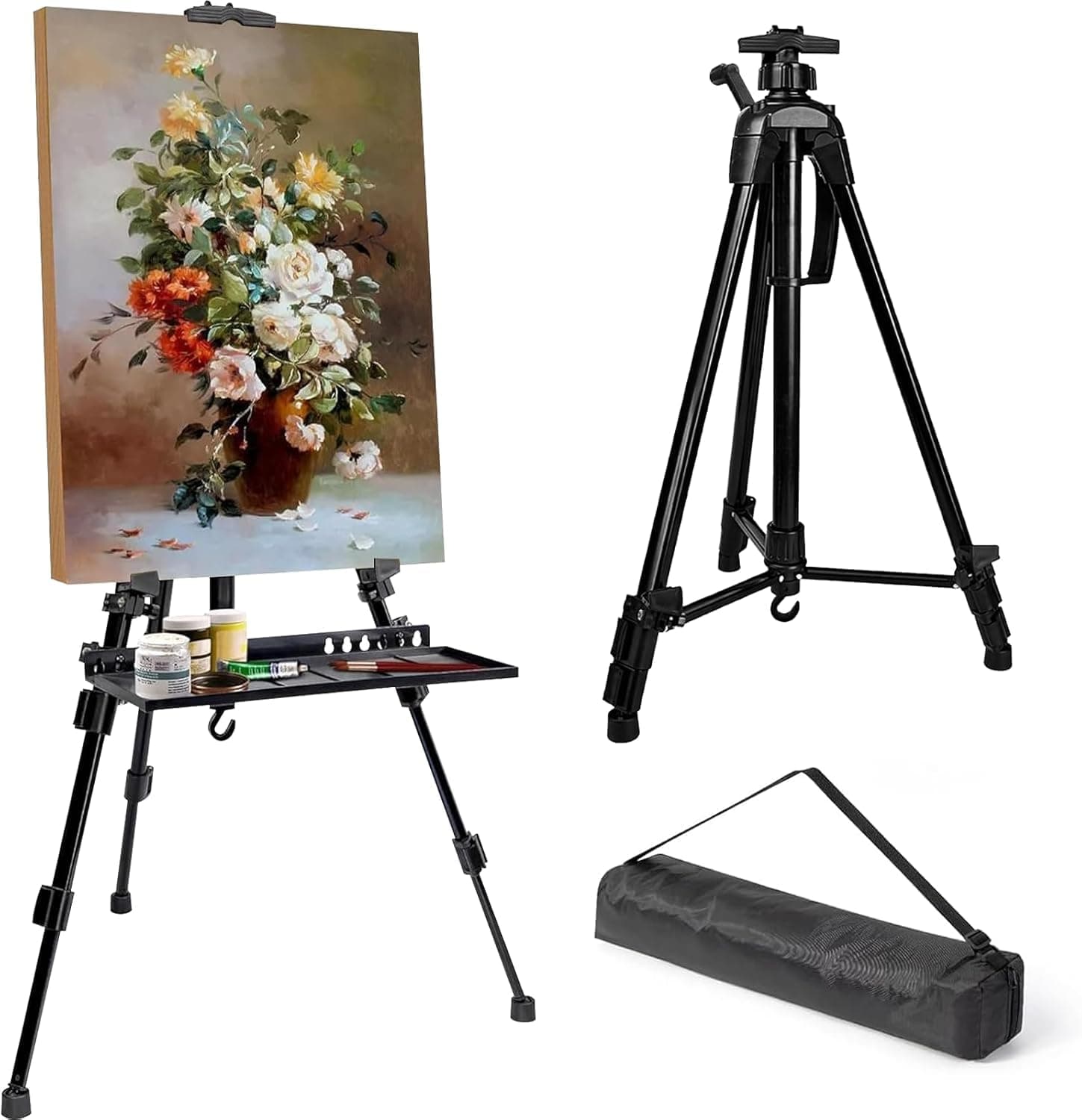 Painting Easel Stand,55-155cm Adjustable Aluminum Alloy Folding Tripod Easel with Portable Carry Bag,Tabletop and Floor Art Sketching Drawing Holder for Artists,Painters,Students(Black,NO Brush Rest)