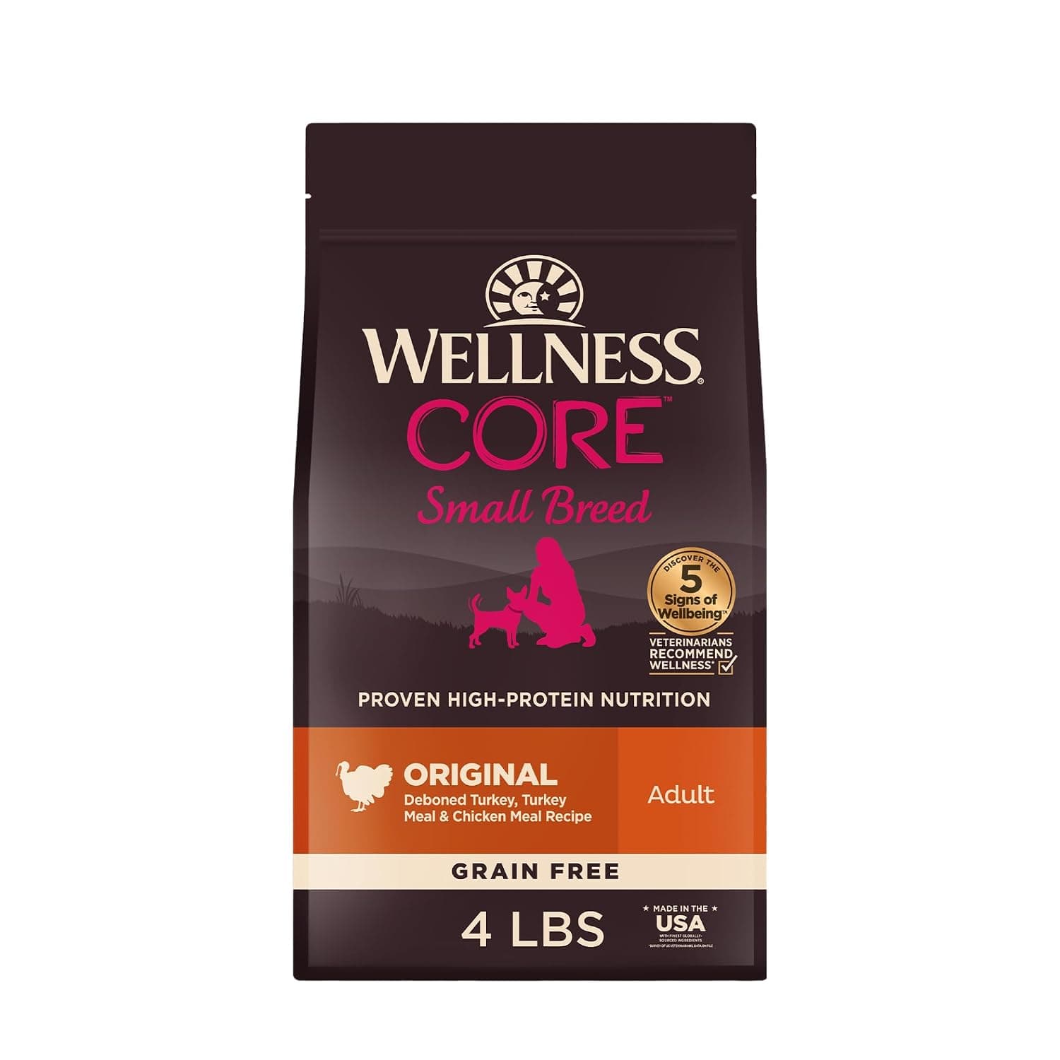 Wellness Natural Pet Food CORE Grain-Free High-Protein Small Breed Dry Dog Food, Natural Ingredients, Made in USA with Real Meat (Adult, Turkey, 4-Pound Bag)