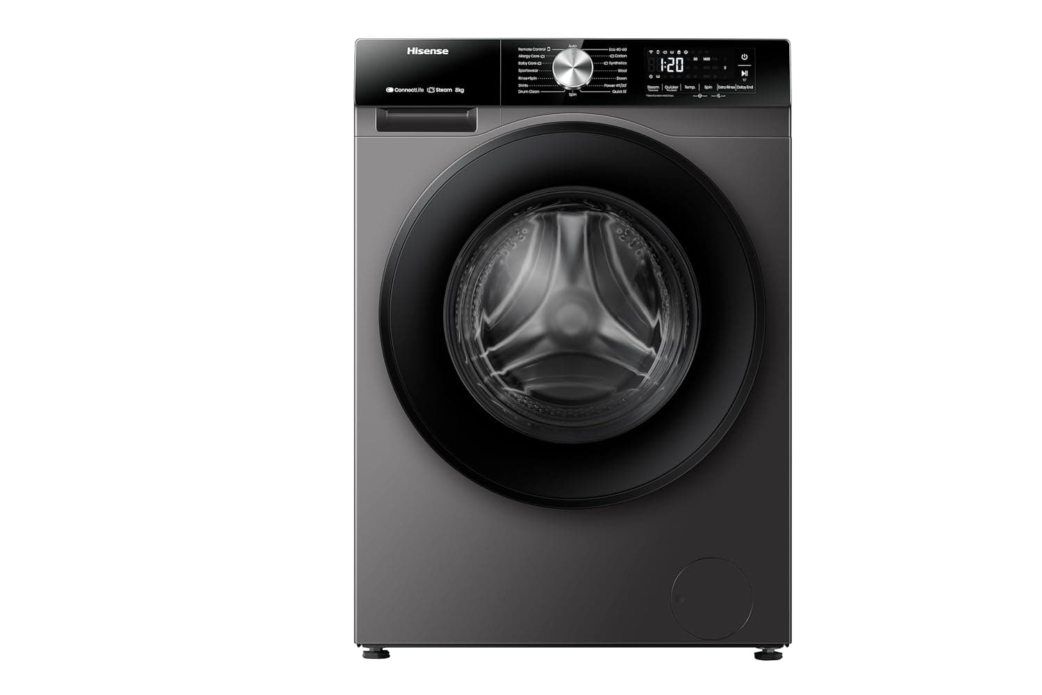 Hisense Front loading washing machine, 8KG,Inverter, A Class, with WIFI, Auto Dosing, Auto wash & Quick,16 programs, Premium Grey, Smart Assist,Energy Saving monitoring, Abaya Care,