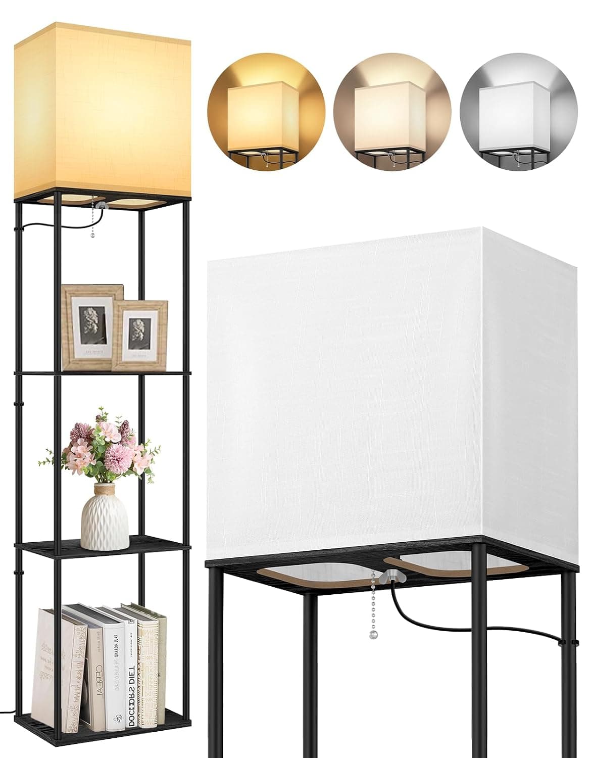 OUTON Modern LED Floor Lamp with 3 Tier Wooden Shelves | 3 Colour Temperatures Standing Lamp with Tall Bookshelf, Reading Lamp for Living Room Bedroom Office, Black & Rectangle