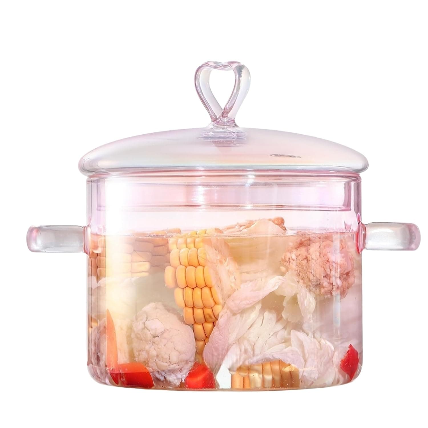 1.5L/51oz Pink Glass Cooking Pot, Saucepan, Simmer Pot with Lid, Heat Resistant, Easy to Clean, Includes 1.5L Pot, Heart-Shaped Hook, Sponge | Heat Resistant,Easy to Clean,Pink,Heart Shape Lid,Oven,Gas & Electric Stoves Safe.
