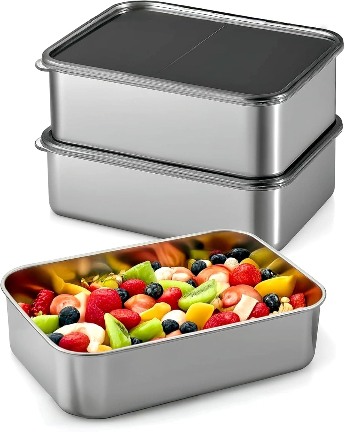 2PCS Food Storage Containers 1500ml with Lids, KASTWAVE 304 Stainless Steel Stackable Meal Prep Boxes, Airtight Lids, Dishwasher Safe, Ideal for Deli Meat, Cheese, Bacon, Freezer Storage