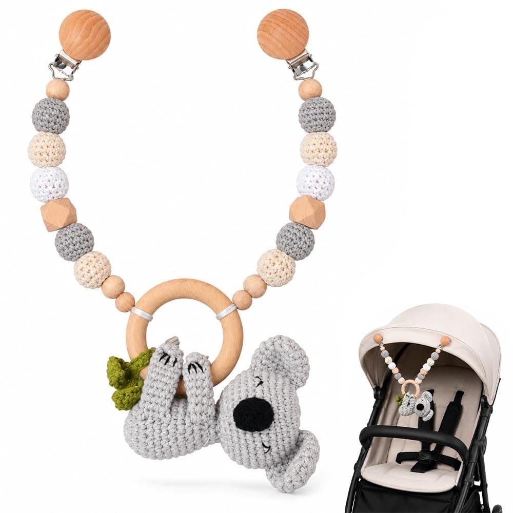 Pram Chain Wooden Baby Pram Toy with Cotton Crochet Pram Chain for Babies Pram Chain Girls Boys Baby Seat Toy for Babies and Toddlers from 0-36 Months