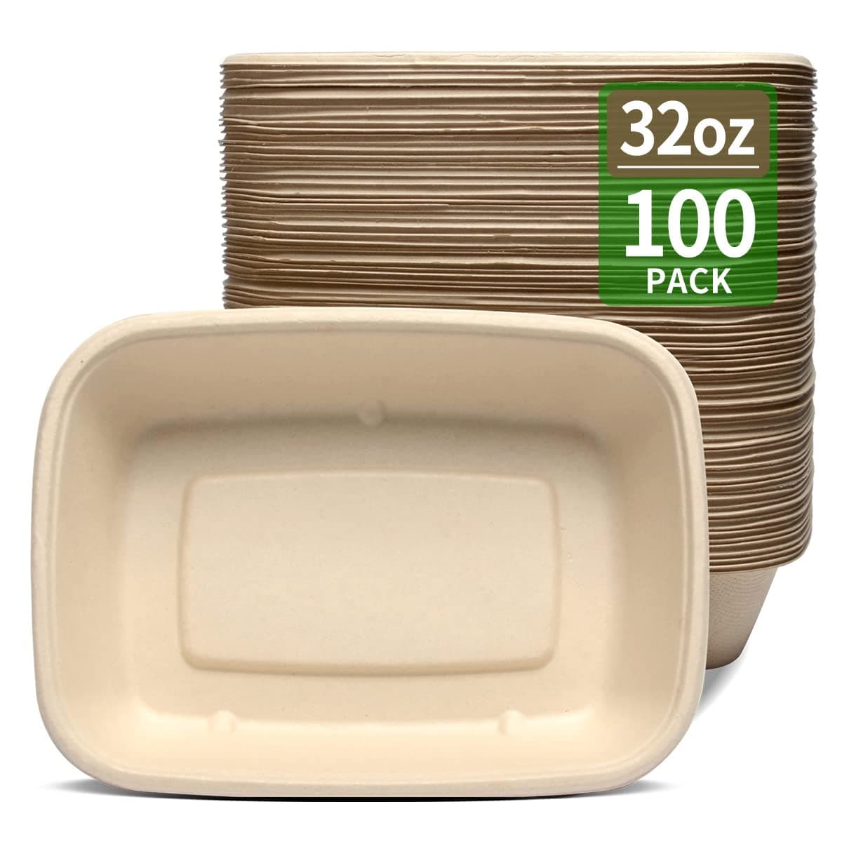 32oz Burrito Bowls 100 Pack, Chipo-tle Style Large Disposable Paper Bowls for Nacho Taco Salad Baked Potato, Leak-Proof Microwave Safe Take Out Party Supplies, Beige