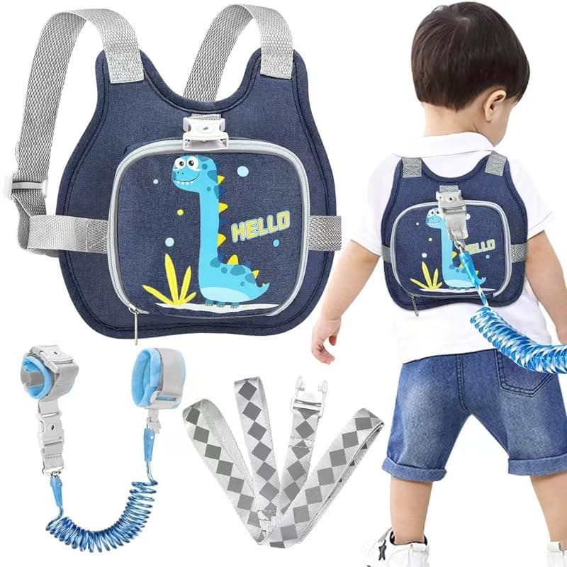 3Pcs Toddler Harness Leash Baby Anti Lost Wrist Link, Cute Dinosaur Child Safety Harness Tether, Kids Walking Wristband Assistant Strap Belt for Parent Boys Outdoor Activity (Blue)