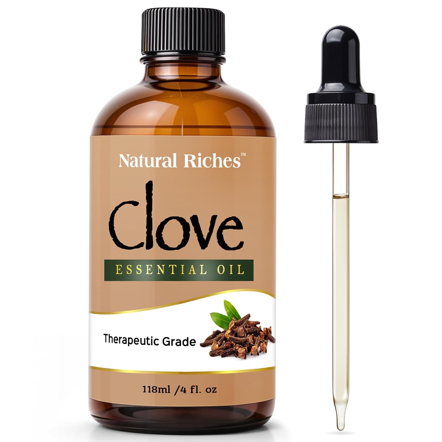 Natural Riches Pure Clove Essential Oil 4 Fl Oz, Therapeutic Grade for Tooth Ache Soothes Sore Muscles Clove Bud Oil Essential Oil for Teeth, Gums, Toothache, Skin Use and Hair Care.