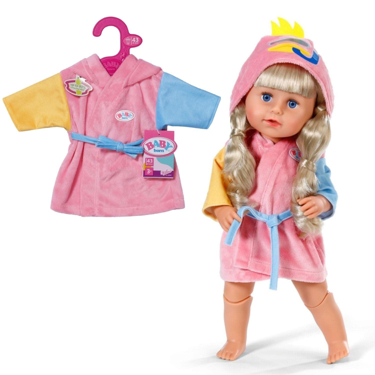 BABY born Bathrobe with Duck Hood and Various Coloured Sleeves - High Quality Doll Accessories - Clothes Suitable for Dolls of Size 43 cm | Duck Capuchon, Multi-Coloured Sleeves, Suitable for 43 cm Dolls