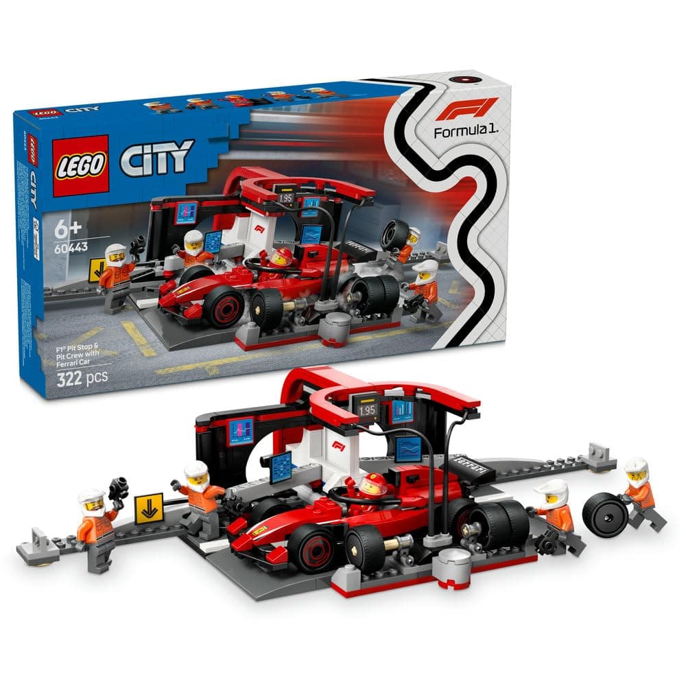 LEGO City F1 Pit Stop & Pit Crew with Ferrari Car 60443 | Formula 1 Set, Driver Minifigure, 4 Mechanics & Wheel Guns, Building Toy, Gift for 6+ Year Old Boys & Girls, 322 Pieces