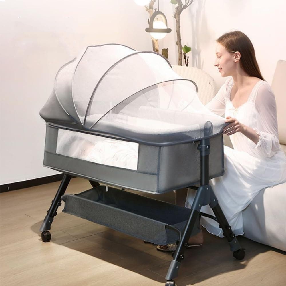 DMG TECH Crib, Bedside Sleeper Bedside Crib, Multifunctional 4-In-1 with Breathable Net, With Diaper Table, Mosquito Net, Mattress, Storage Basket Easy Folding Portable Crib For Newborn Baby