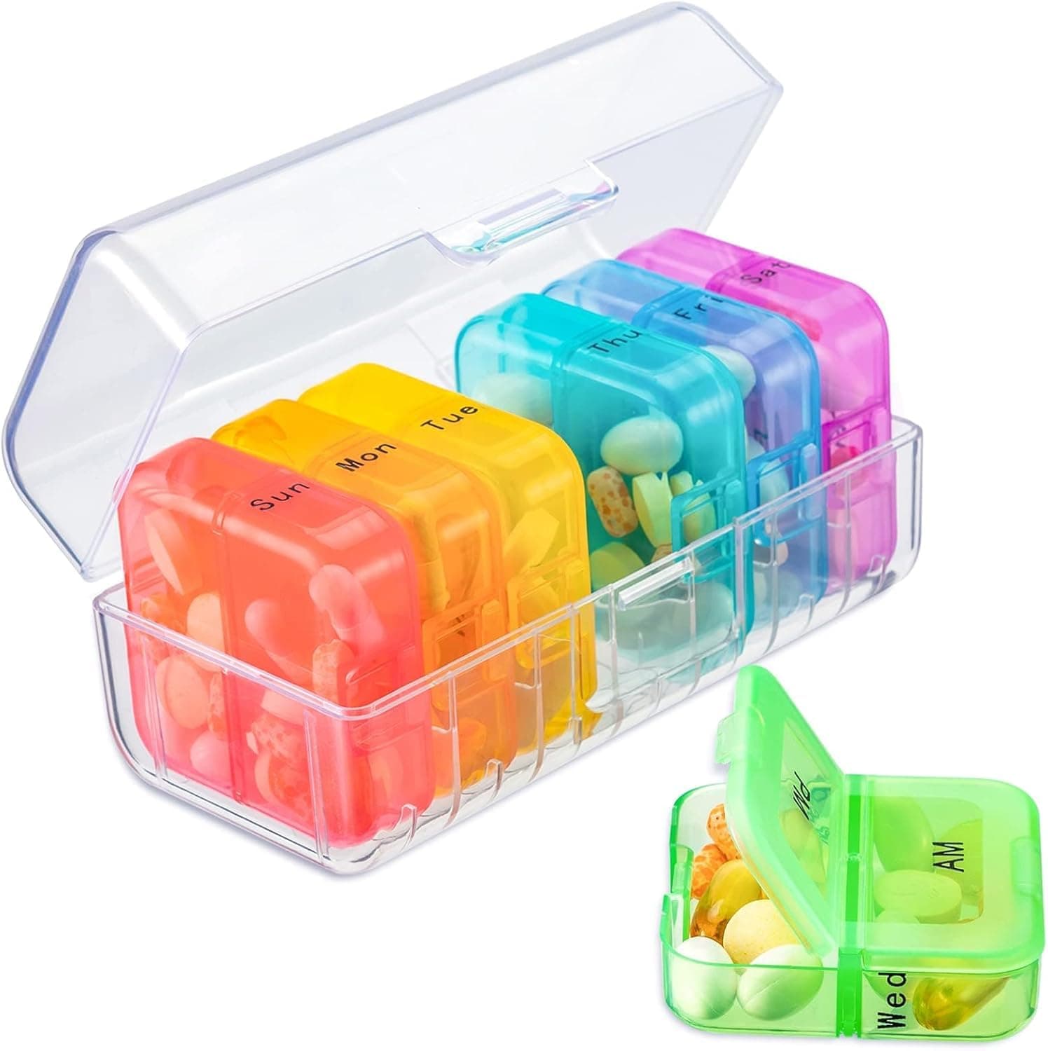 Weekly Pill Organizer, 7-Day AM/PM Medication Dispenser with 14 Compartments, Portable Travel Pill Case for Vitamins, Fish Oil, and Daily Supplements, Leak-Proof Design (Clear, 7 Pack)