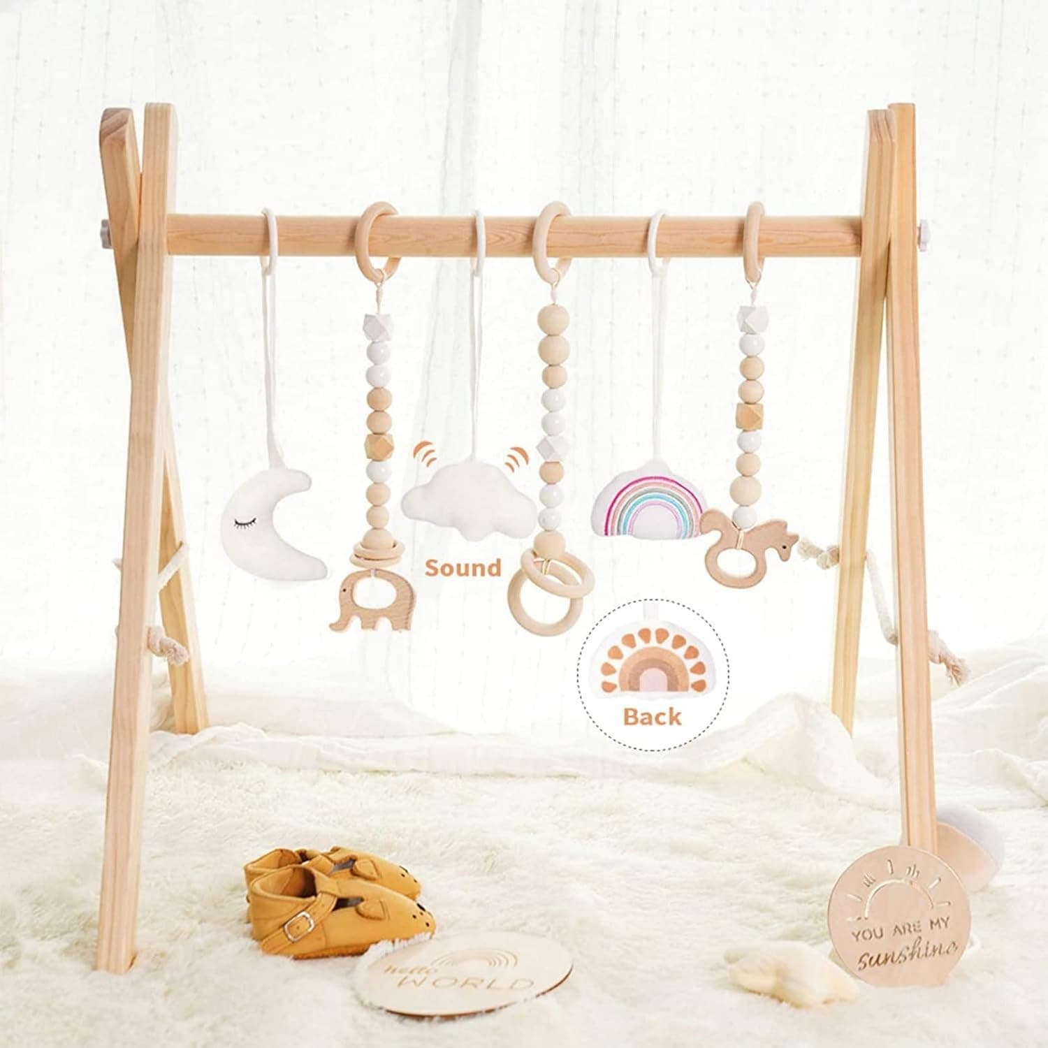 Andanna Wooden Baby Gym With 6 Hanging Toys, Foldable Activity Play Gym Hanging Bar For Newborn Gift Baby Girl And Boy