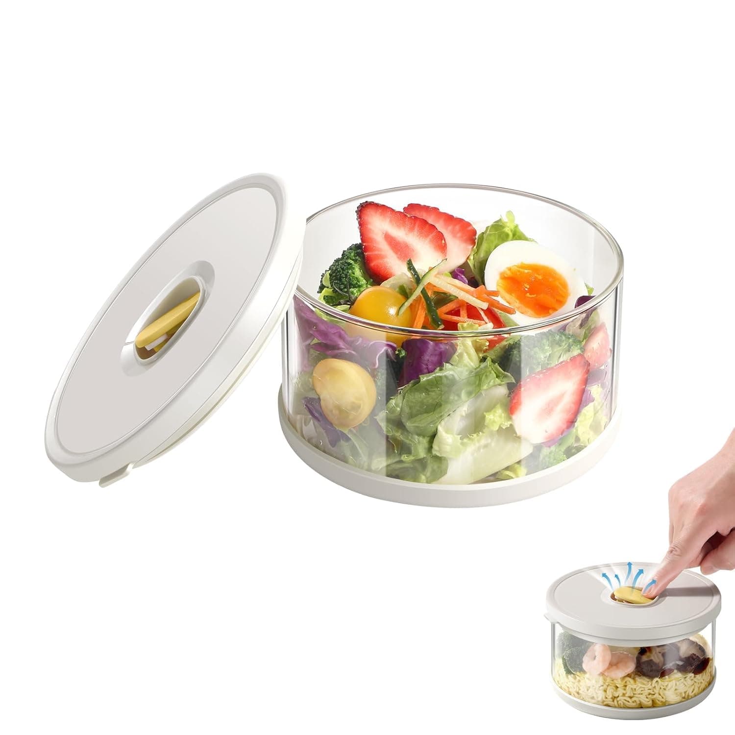 Glass Food Storage Container with Airtight Lids, Round Leak Proof Food Storage Containers, High-Borosilicate Glass Meal Prep Container, 33.8oz, Bento Lunch Box for Salad, Ramen, Fruit, 1 Pack, White