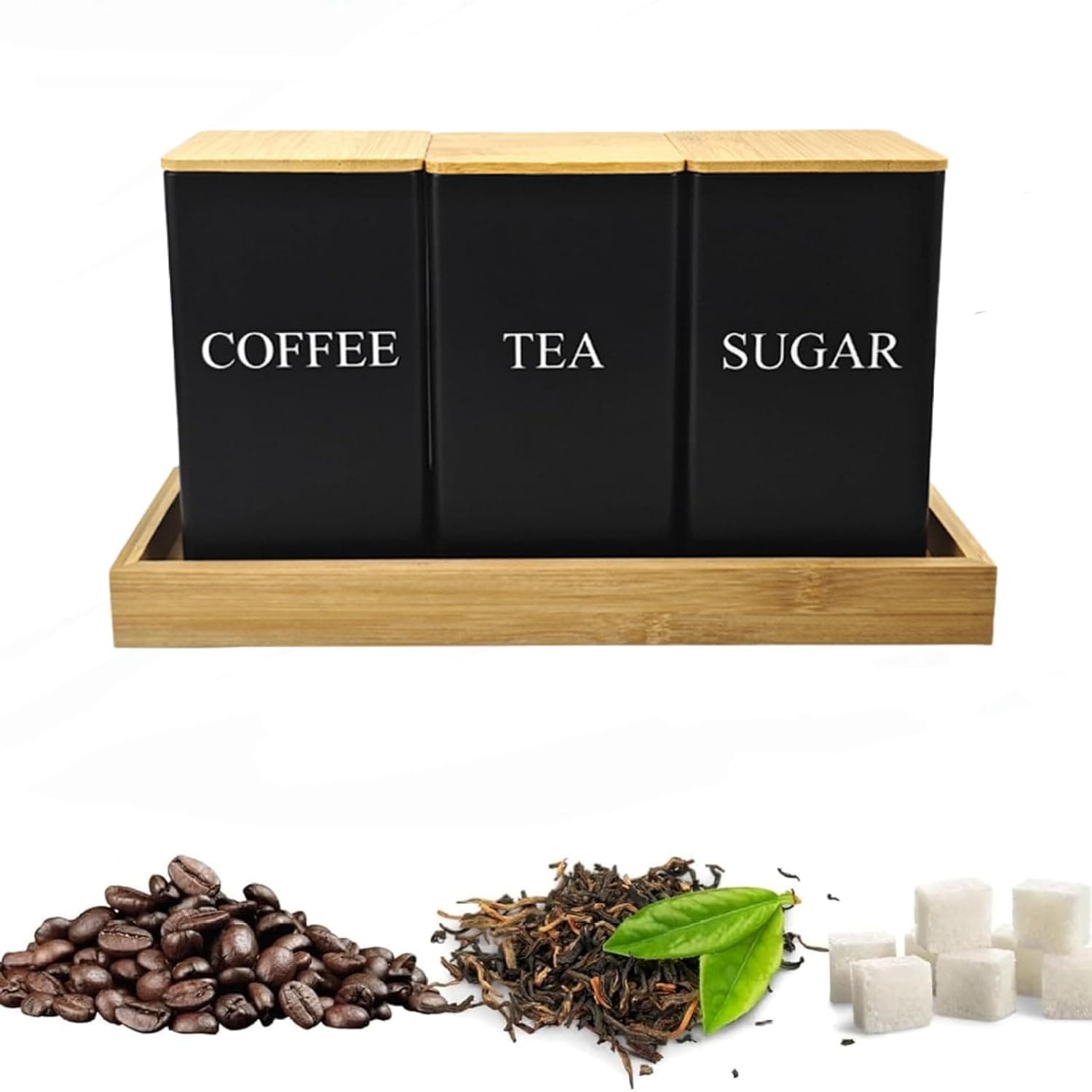 3 Pcs Coffee Tea Sugar Container Set, 1000 ml Kitchen Canister Set with Bamboo Lids, Metal Food Storage Container Jars for Kitchen Counter Dining Room Drink Station Organizer Set (black)