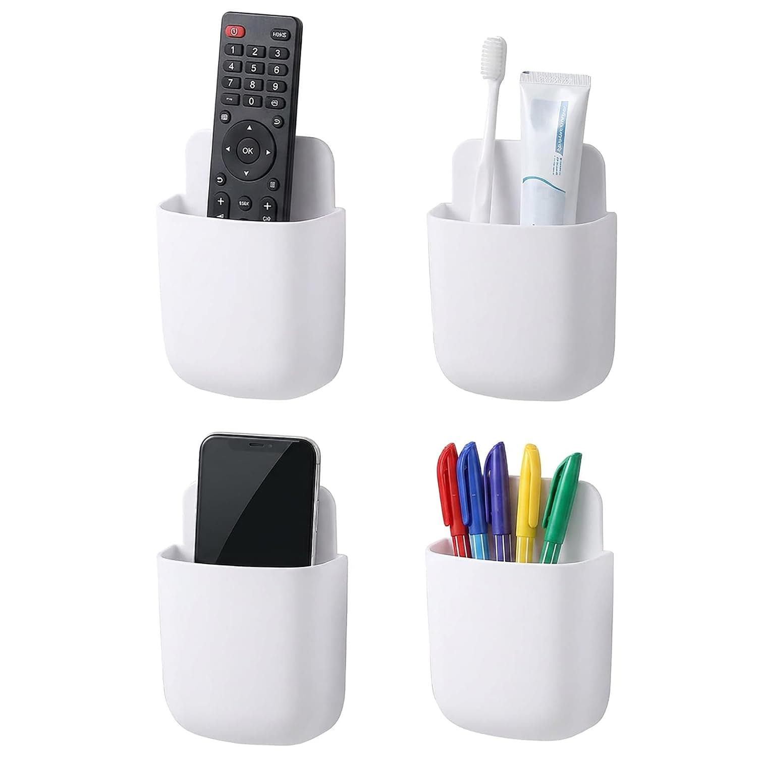 ToolHouse 4 Pack Wall Mount Remote Control Holder, Self-Adhesive TV Controller Holder, No-Drill Wall Phone Holder and Pen Holder, Stand for TV Remotes, Phones and Desk Supplies (White)