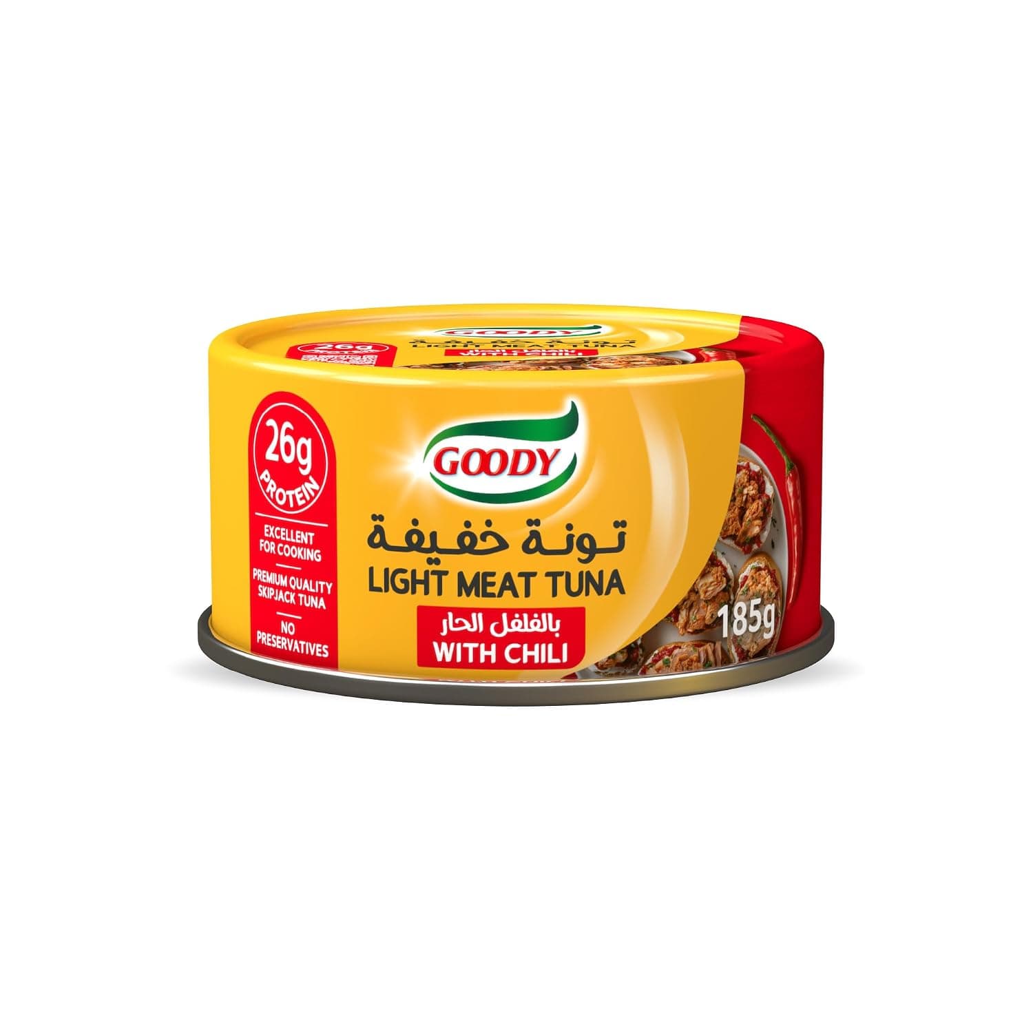 Goody Light Tuna with Chili, 185g, Suitable for Cooking, 26g Protein, Premium Skipjack Tuna, Preservative Free