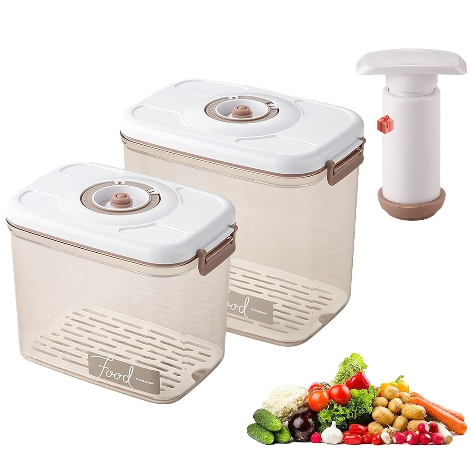 Bukela Kitchen Storage Box Set 2 Pcs Vacuum Food Container Boxes with Vacuum Pump Transparent Plastic Food Storage Case with Airtight Lid and Time Compass for Vegetables Fruits and Meats