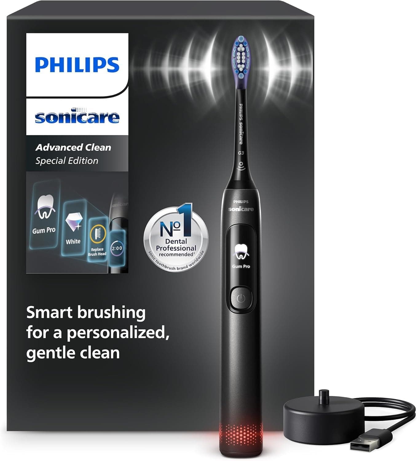 Philips Sonicare AdvancedClean Limited Edition Electric Toothbrush - Smart Screen, Pressure Sensor, Reminder Function for Replacing the Brush Head, 5 Cleaning Modes and SmarTimer, Black, HX3792/11