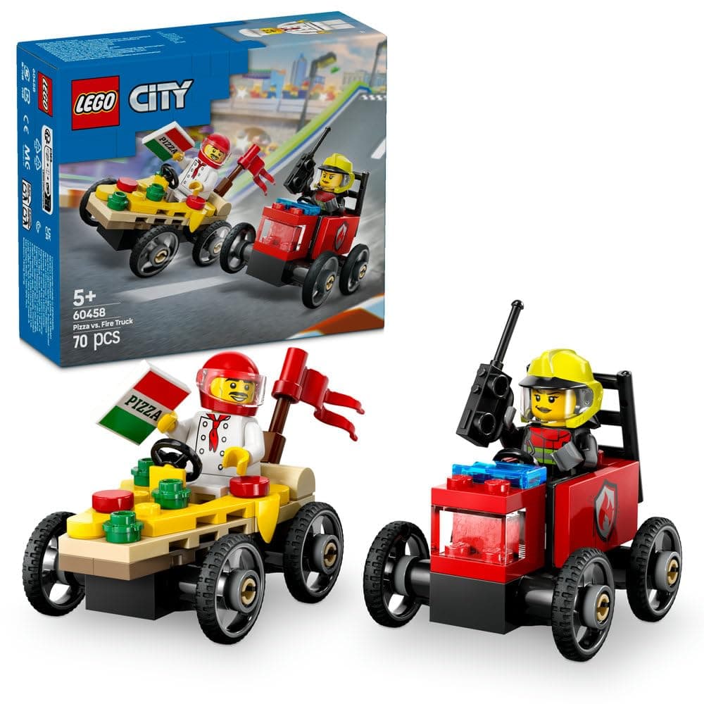LEGO City Pizza vs. Fire Truck Race Car Pack Toy - Soapbox Car Toys for 5+ Year Old Boys & Girls - Fun Holiday or Birthday Gifts - Vehicle Set Includes 2 Minifigures - 60458