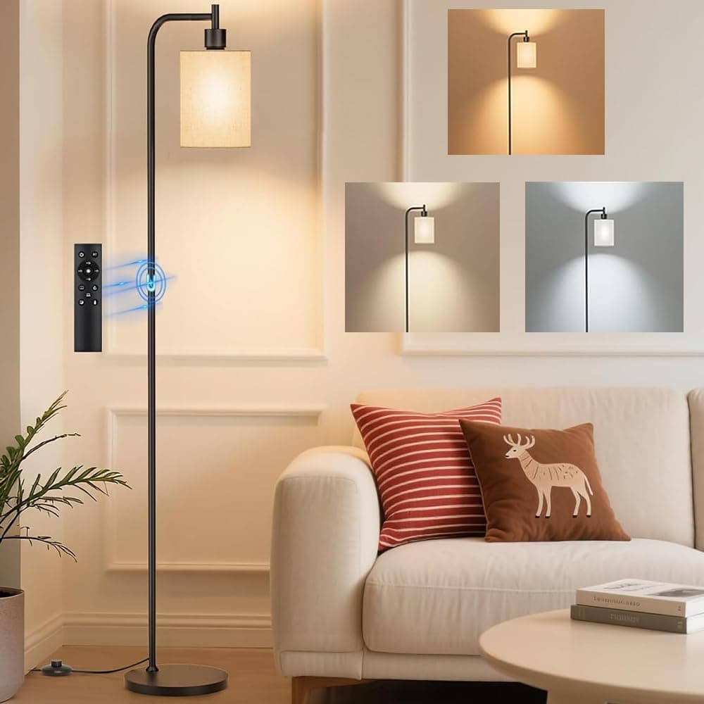 Floor Lamp with Linen Shade, Dimmable Tall Standing Lamp with Remote Control & 3 Color Temperatures, Modern Floor Lamps with Foot Switch for Living Room Bedroom Office Corner, 9W LED Bulb Included