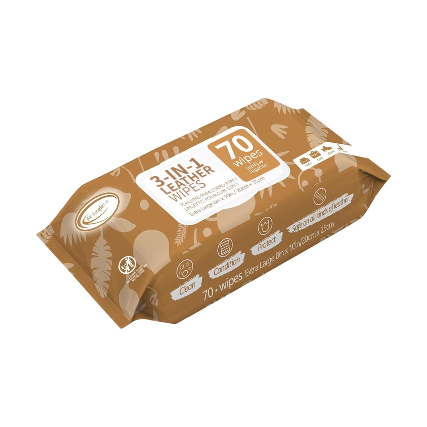 Air Jungles 3in1 Leather Cleaner Wipes 70 Count (Pack of 1), Extra Large 8" x 10" Size Leather Clean Condition Protect Wipes for Vinyl, Apparel Furniture Auto Car Interior Shoes Boots Bags | Clean Condition Protect Wipes for Leather Furniture, Purse, Shoes, Car Interior Seat, Couch, Bags, Jackets and Vinyl