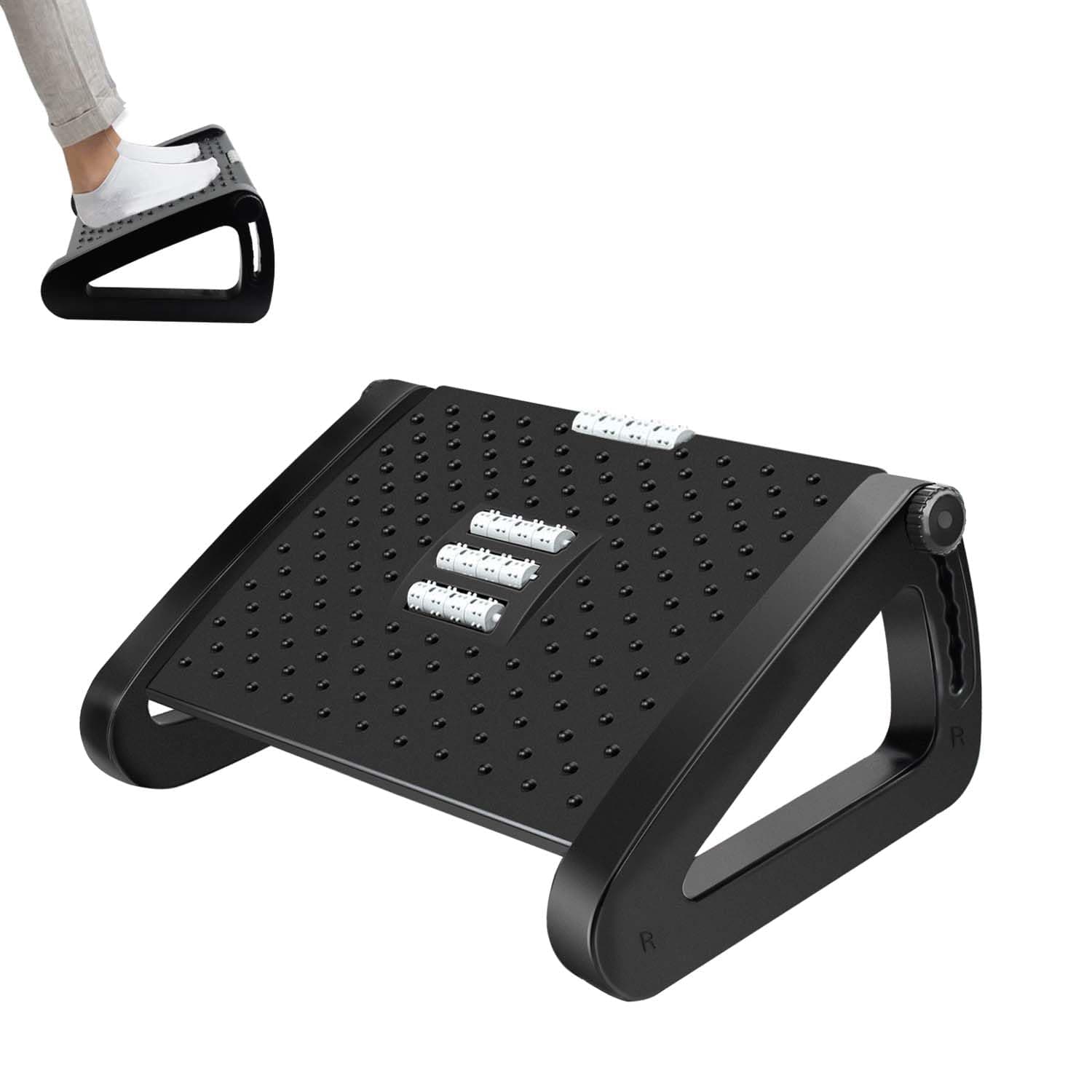 Foot Rest Under Desk, Office Foot Rest with Massage Texture and Roller, Adjustable Height Ergonomic Foot Stool Under Desk for Office and Home Improves Posture, Pressure Relief - Black
